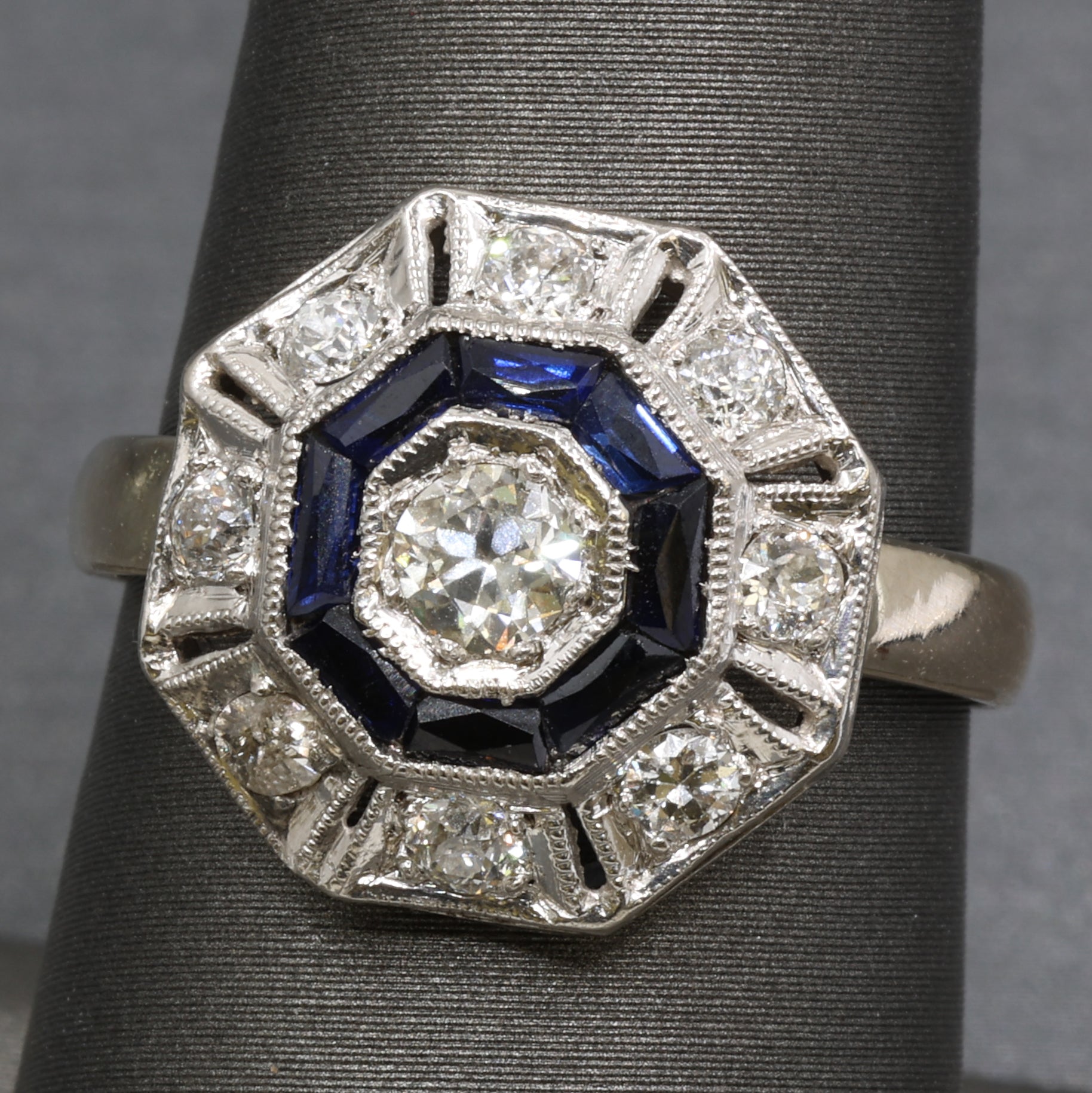 Art Deco Sapphire and Old European Cut Diamond Target Ring in Platinum and 14k