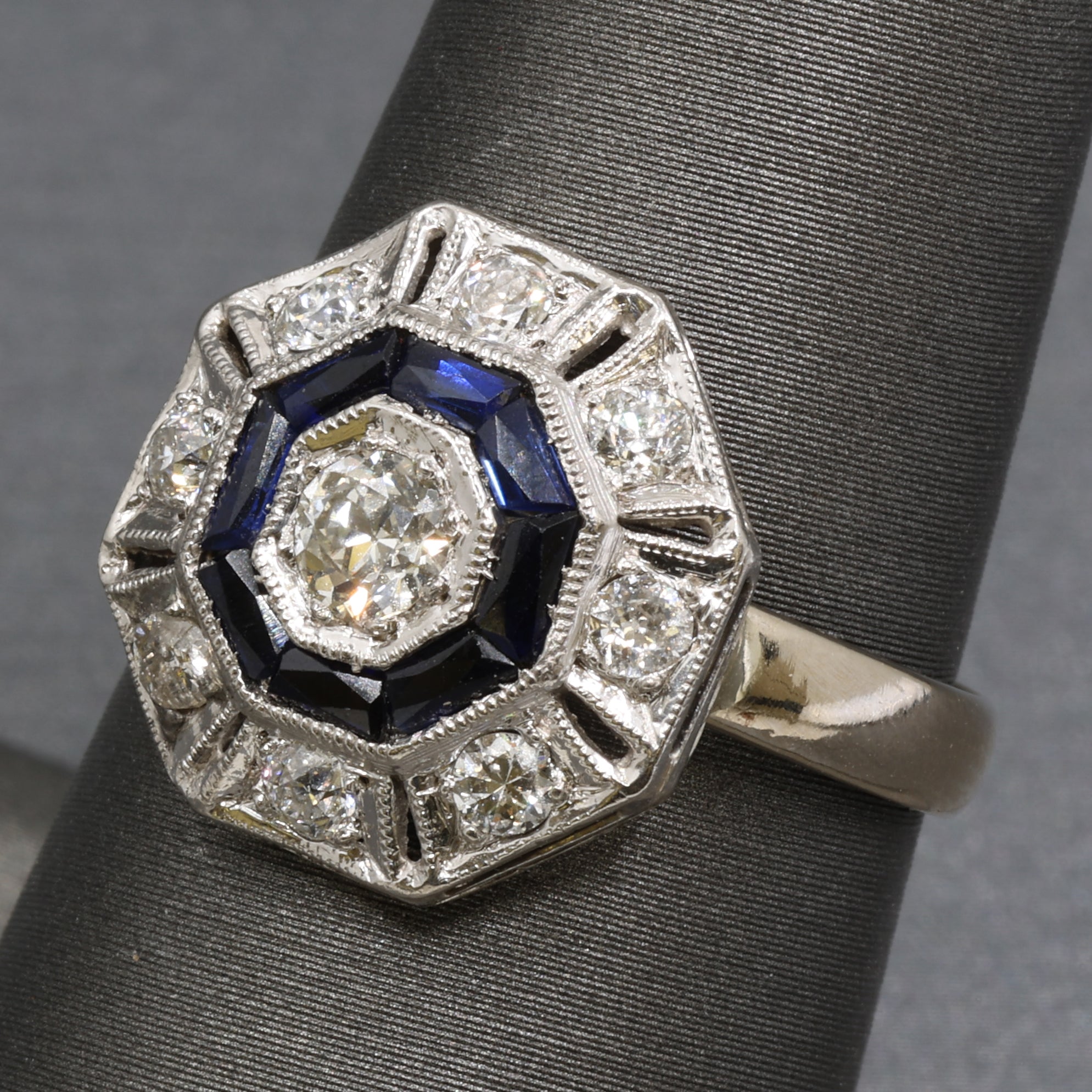 Art Deco Sapphire and Old European Cut Diamond Target Ring in Platinum and 14k