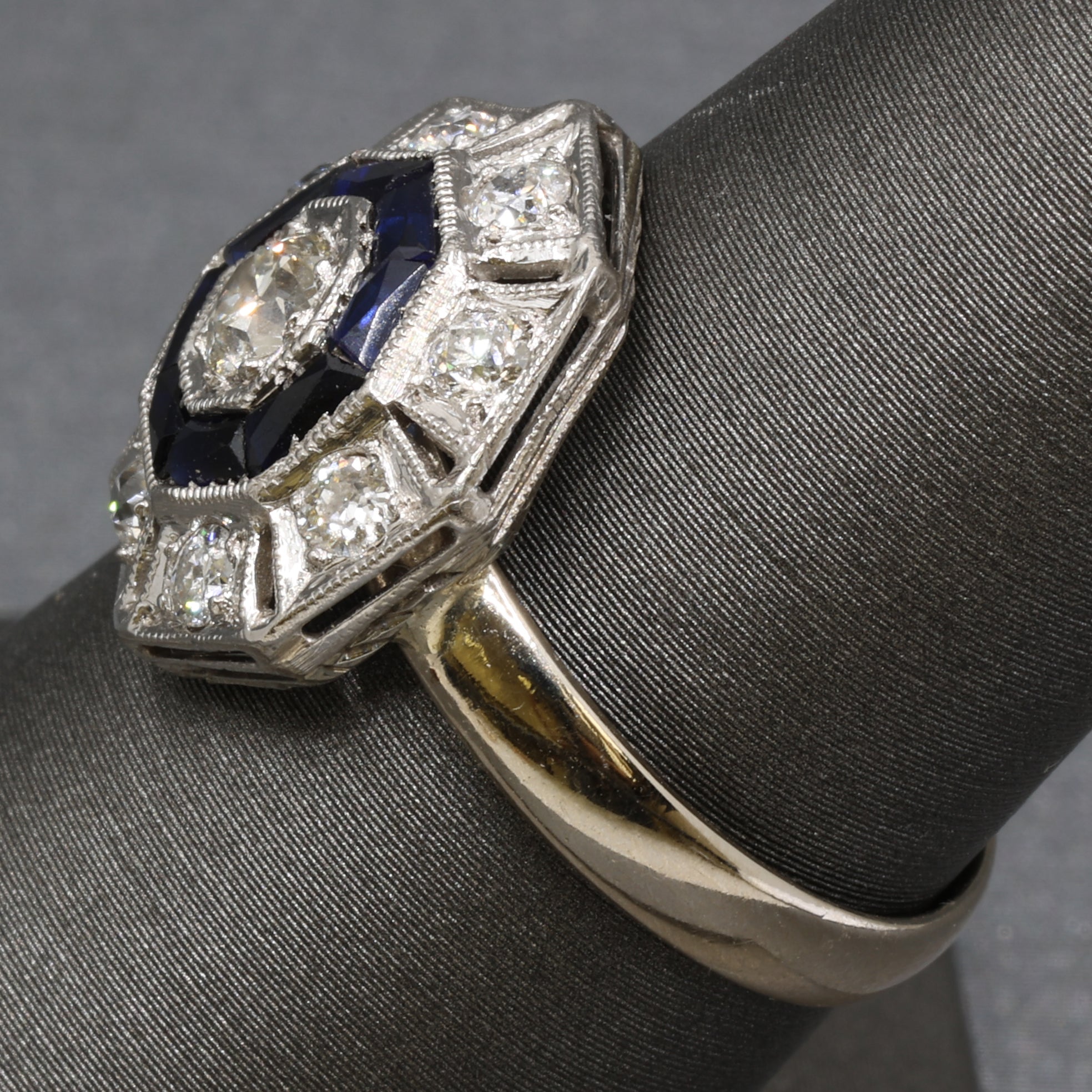 Art Deco Sapphire and Old European Cut Diamond Target Ring in Platinum and 14k
