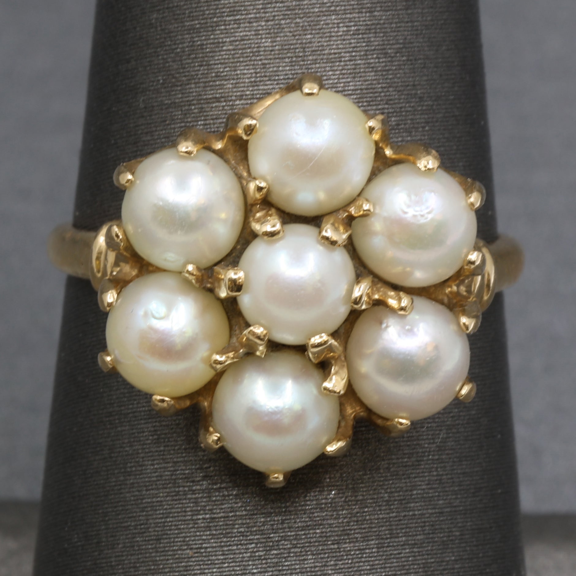 Vintage Pearl Cluster Flower Floral Ring in 14k Yellow Gold
