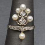 Antique Edwardian Pearl and Diamond Tiara Ring in Platinum and 14k White Gold
