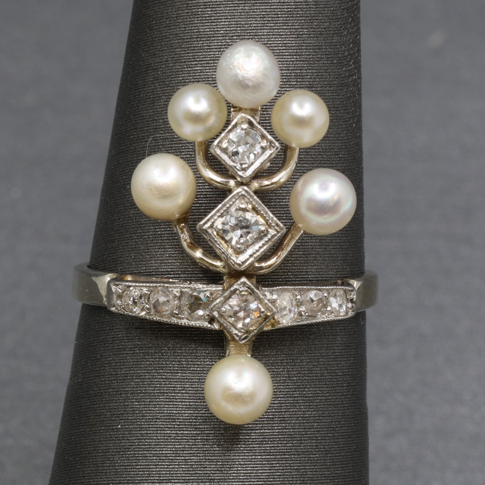 Antique Edwardian Pearl and Diamond Tiara Ring in Platinum and 14k White Gold