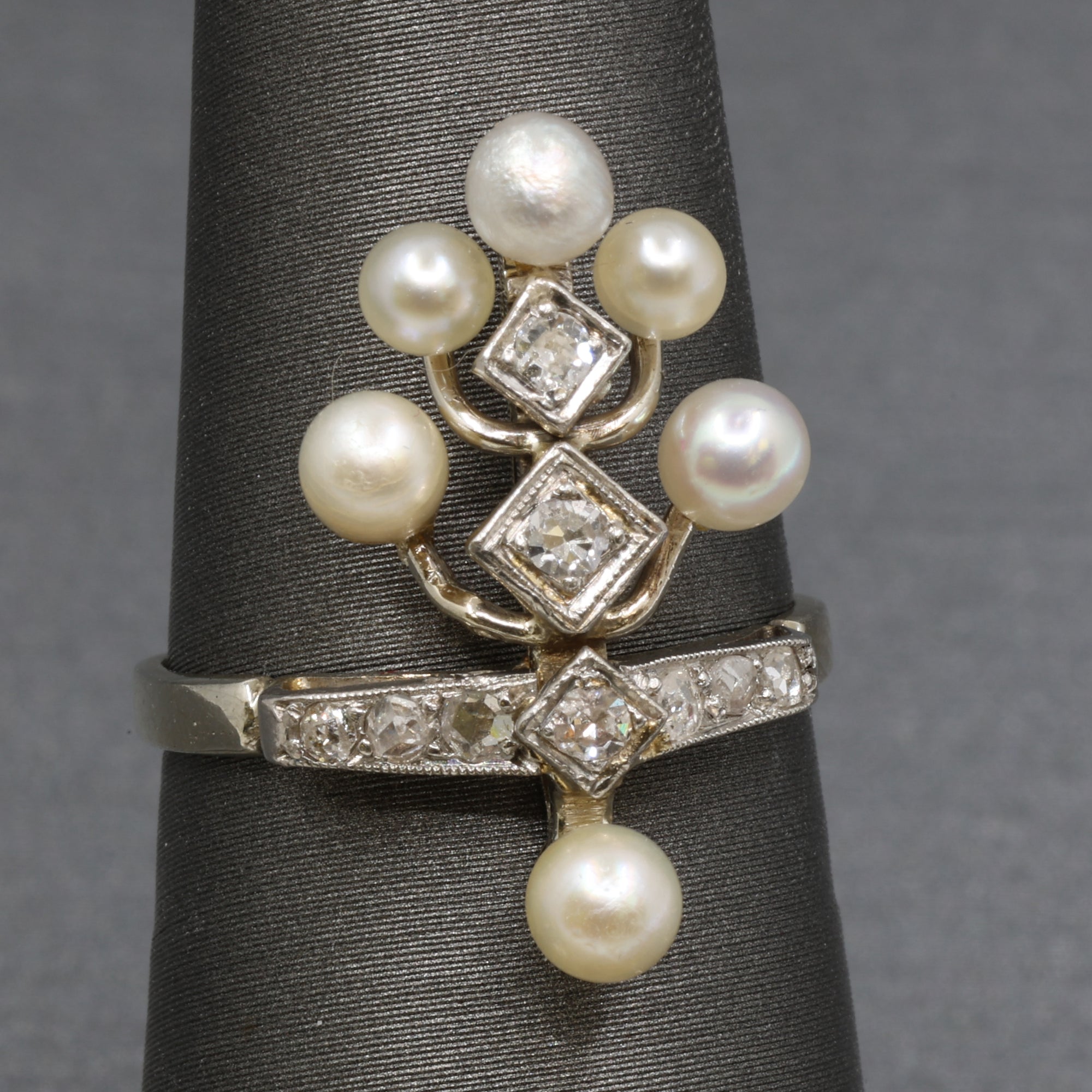 Antique Edwardian Pearl and Diamond Tiara Ring in Platinum and 14k White Gold