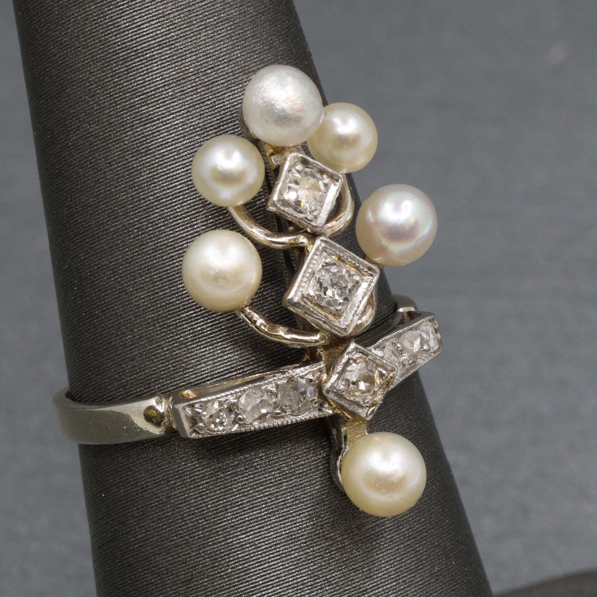 Antique Edwardian Pearl and Diamond Tiara Ring in Platinum and 14k White Gold