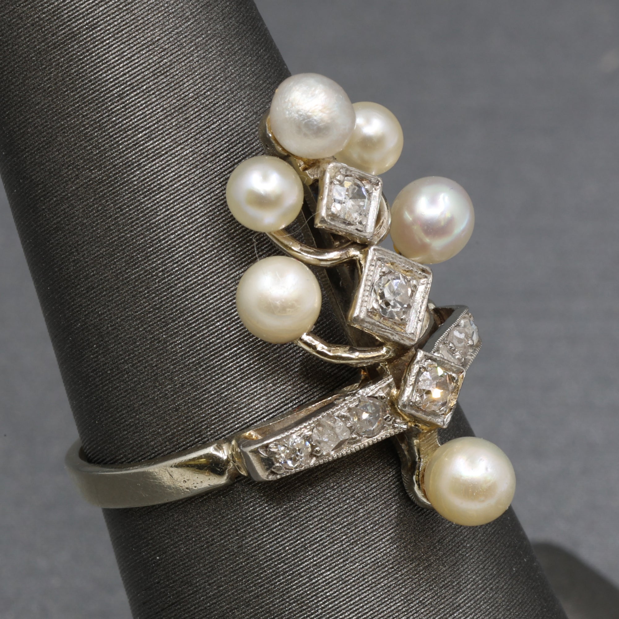 Antique Edwardian Pearl and Diamond Tiara Ring in Platinum and 14k White Gold