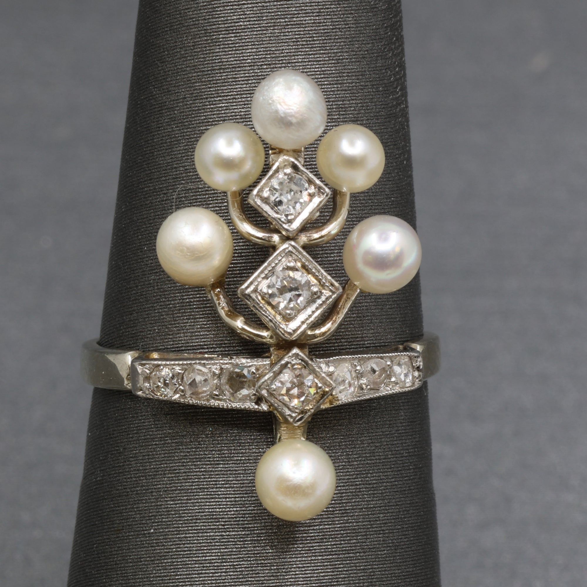 Antique Edwardian Pearl and Diamond Tiara Ring in Platinum and 14k White Gold