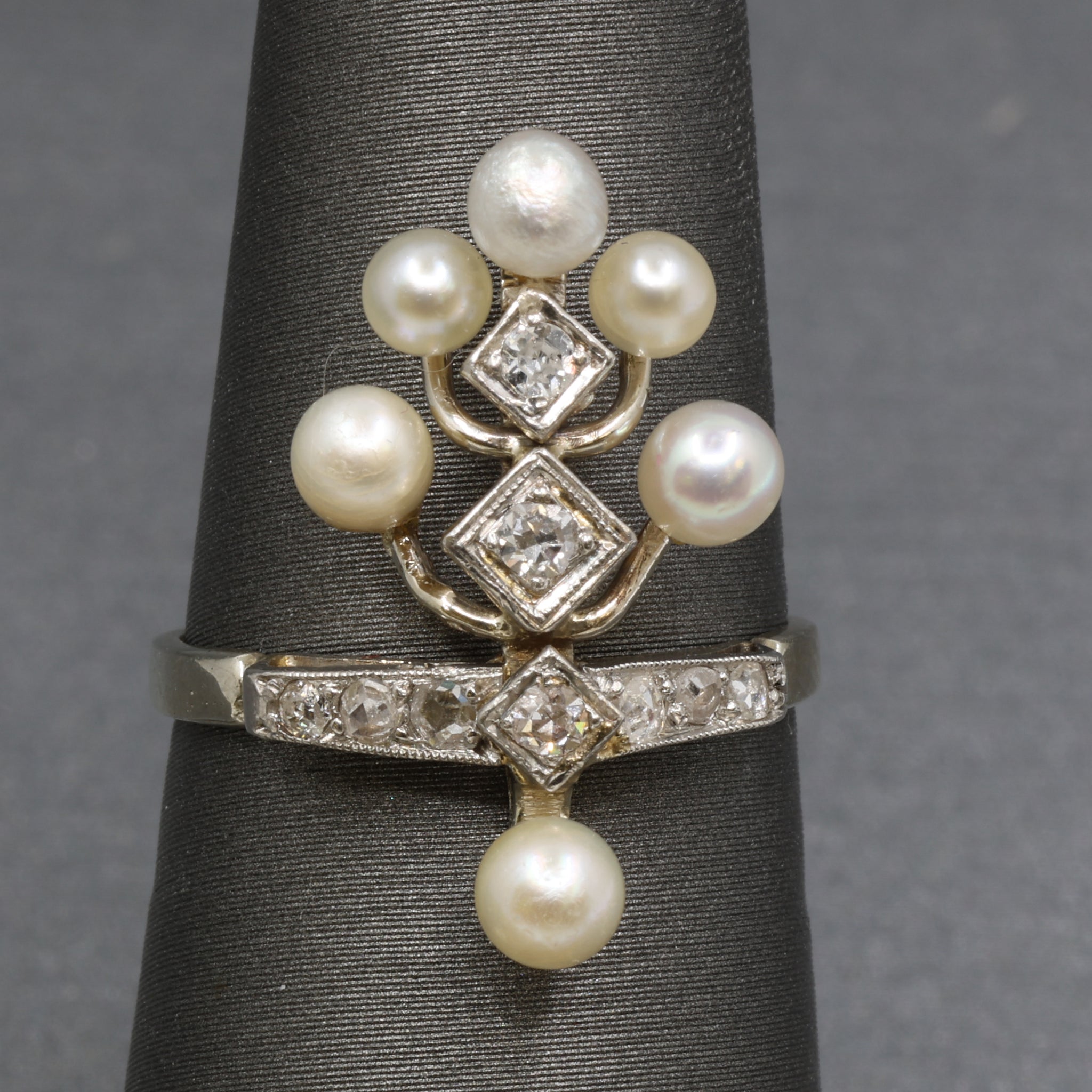 Antique Edwardian Pearl and Diamond Tiara Ring in Platinum and 14k White Gold