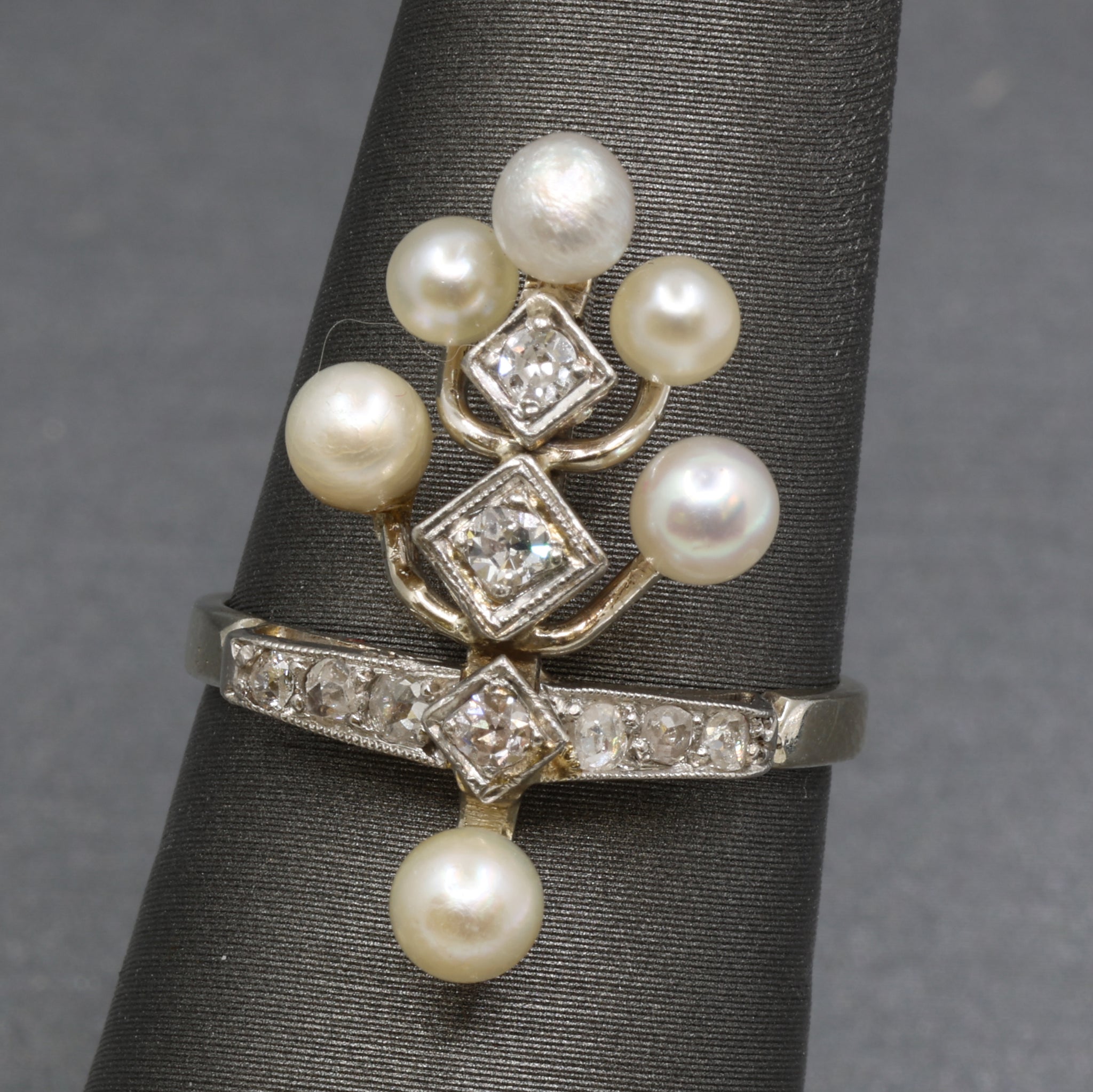Antique Edwardian Pearl and Diamond Tiara Ring in Platinum and 14k White Gold