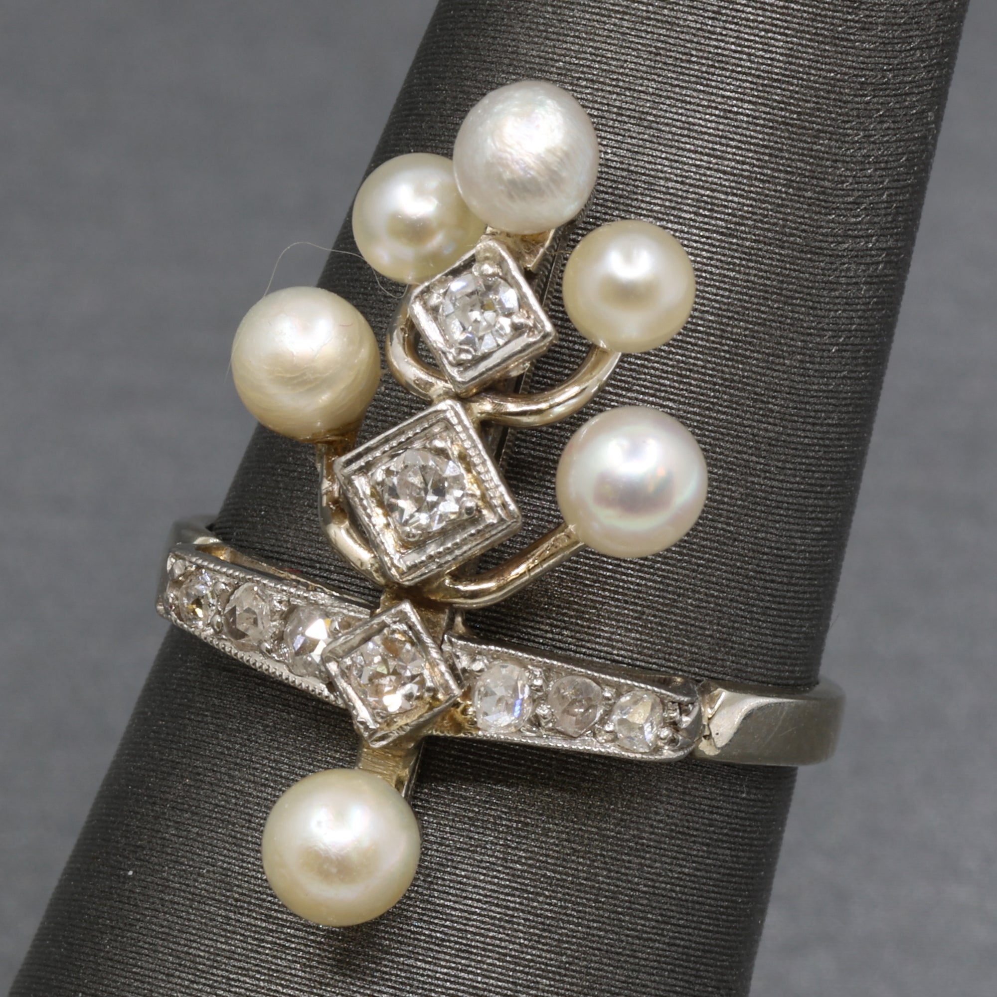 Antique Edwardian Pearl and Diamond Tiara Ring in Platinum and 14k White Gold