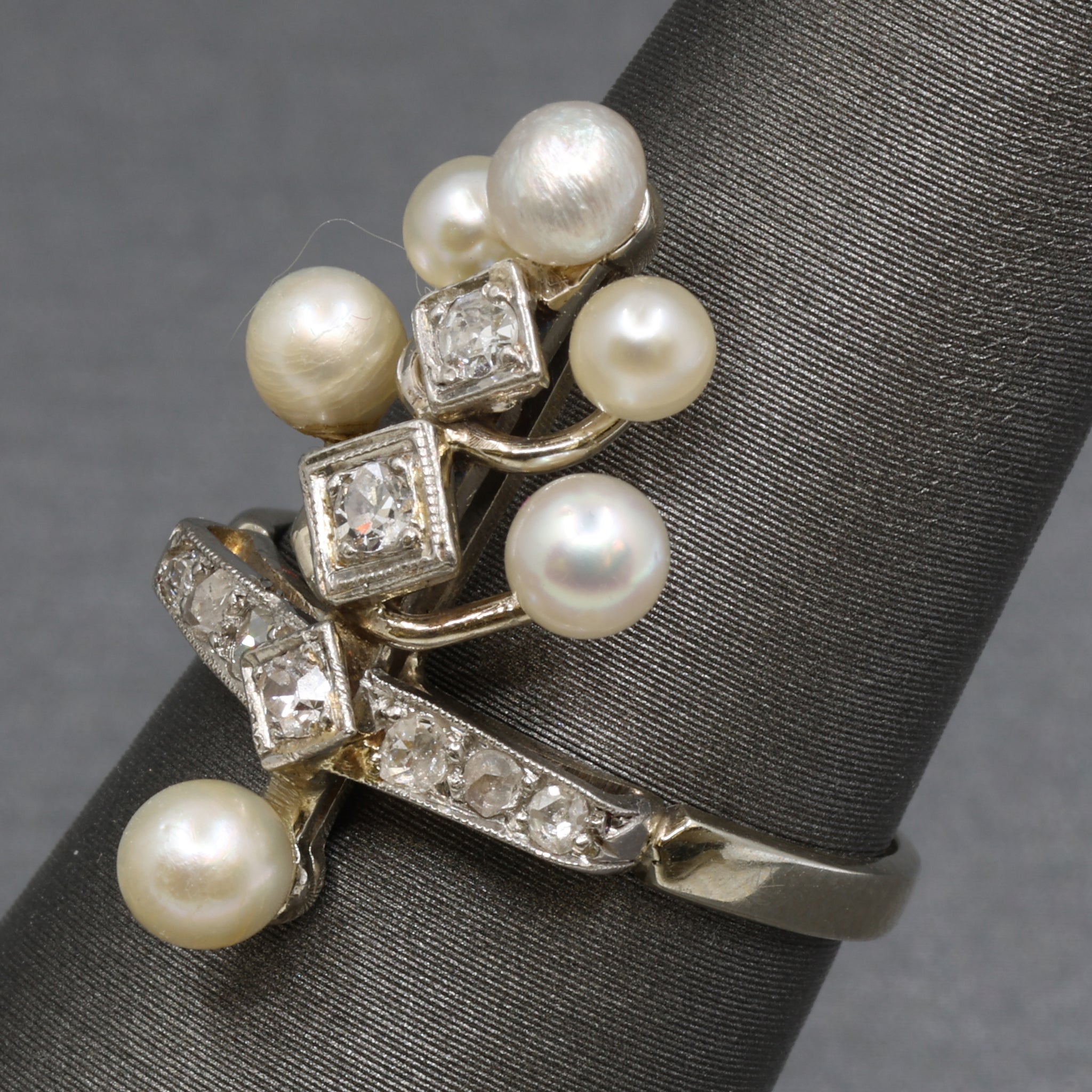 Antique Edwardian Pearl and Diamond Tiara Ring in Platinum and 14k White Gold
