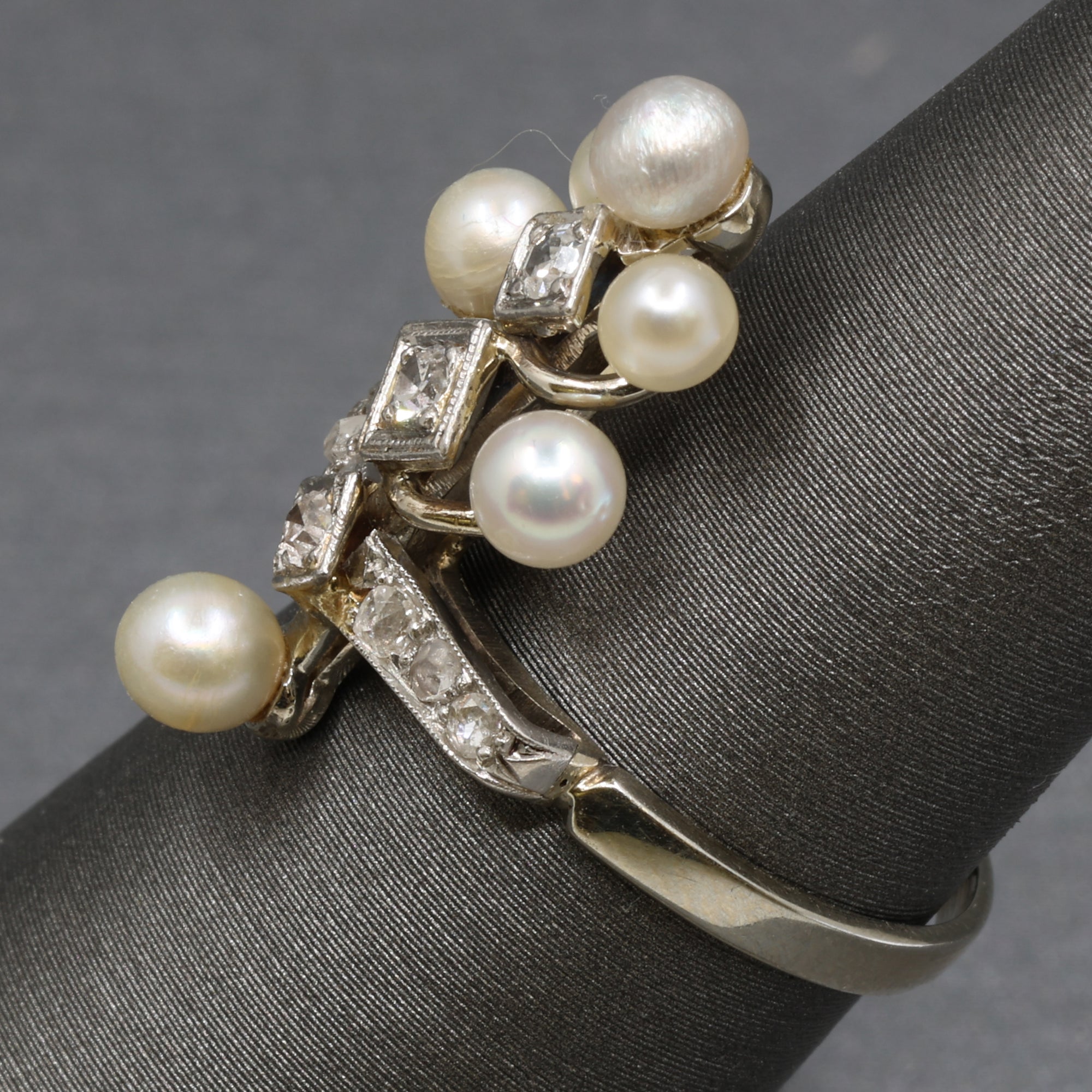 Antique Edwardian Pearl and Diamond Tiara Ring in Platinum and 14k White Gold