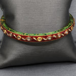 Indian Mughal Style Hinged Bangle with Red & Green Enamel and Polki Diamonds