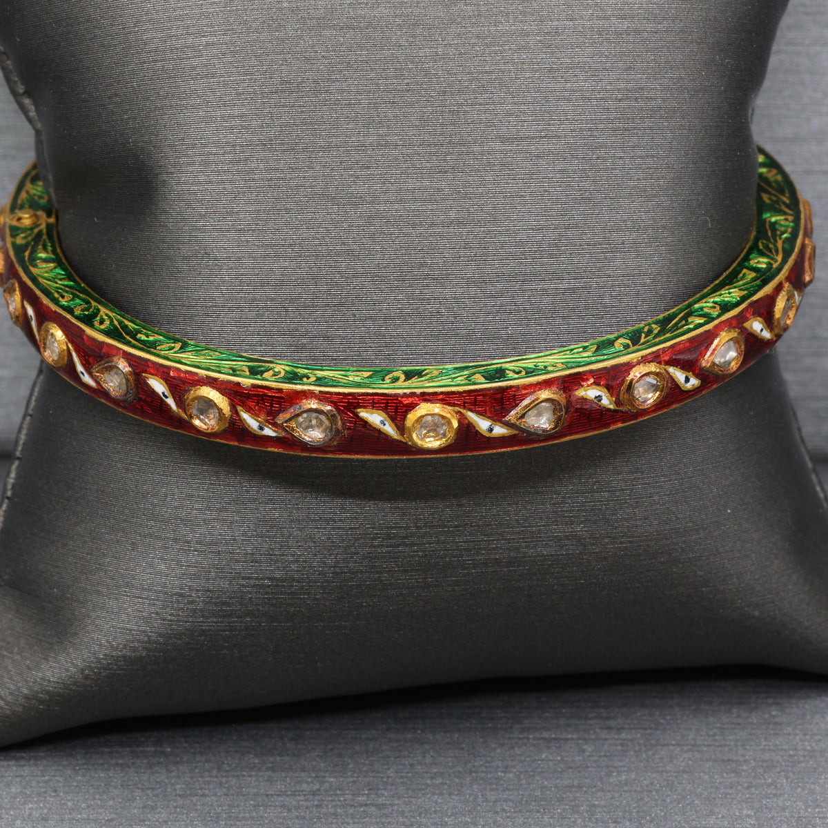 Indian Mughal Style Hinged Bangle with Red & Green Enamel and Polki Diamonds