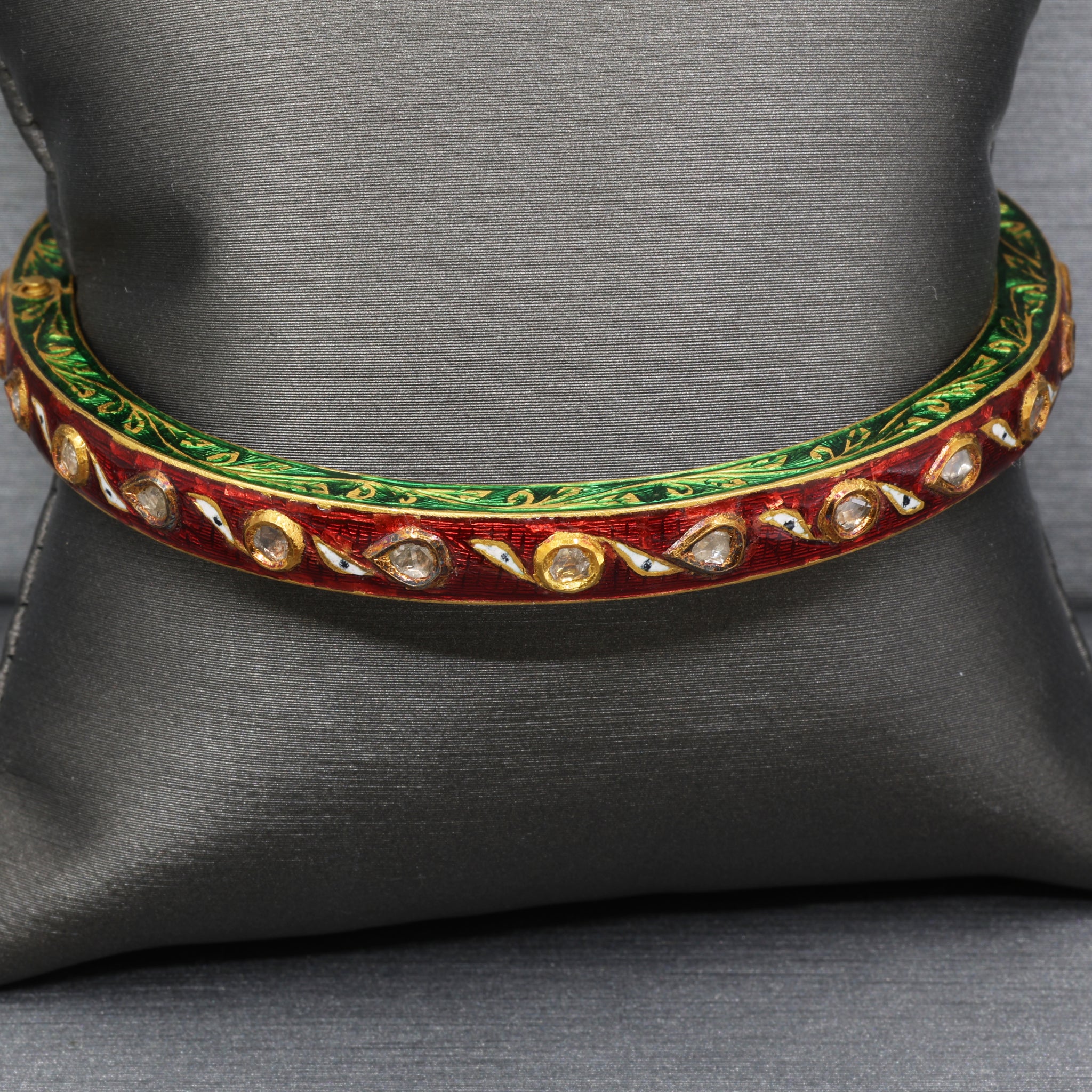 Indian Mughal Style Hinged Bangle with Red & Green Enamel and Polki Diamonds