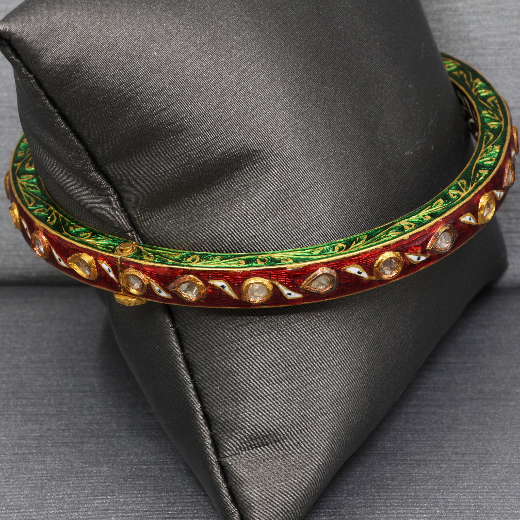 Indian Mughal Style Hinged Bangle with Red & Green Enamel and Polki Diamonds