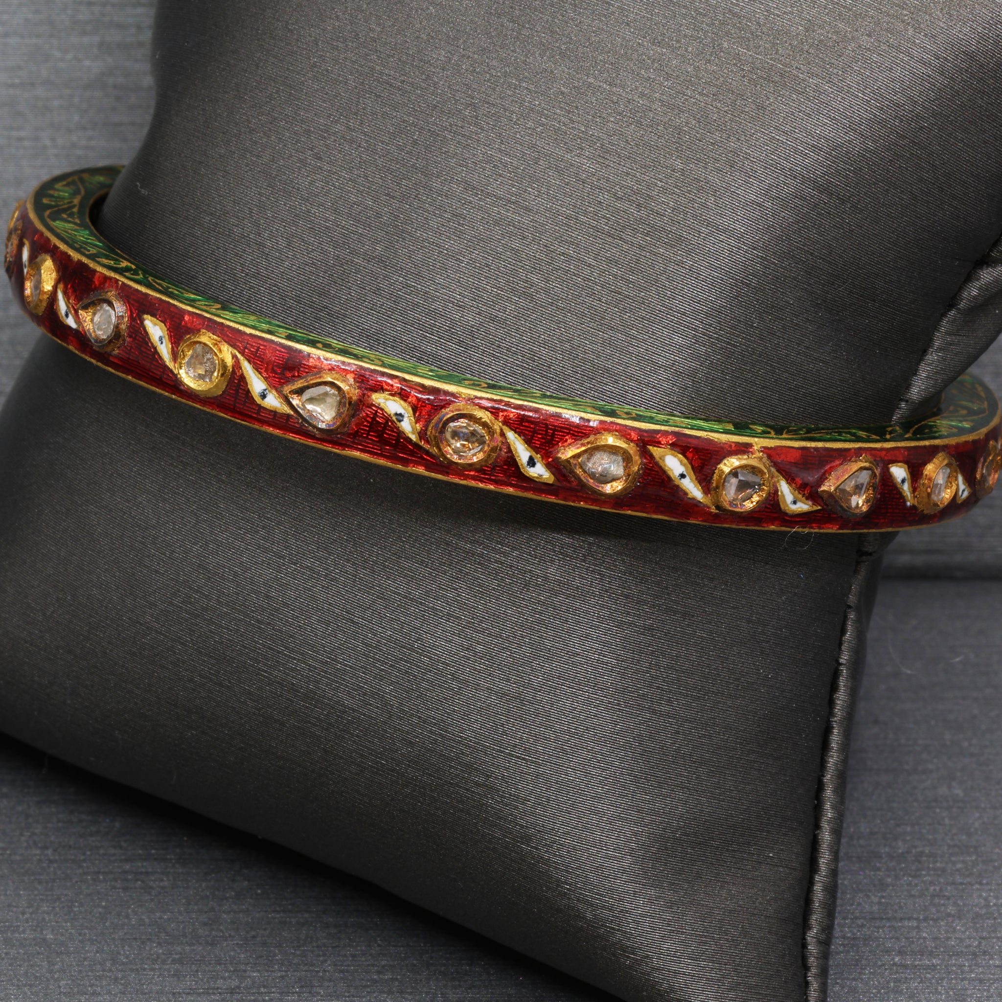 Indian Mughal Style Hinged Bangle with Red & Green Enamel and Polki Diamonds