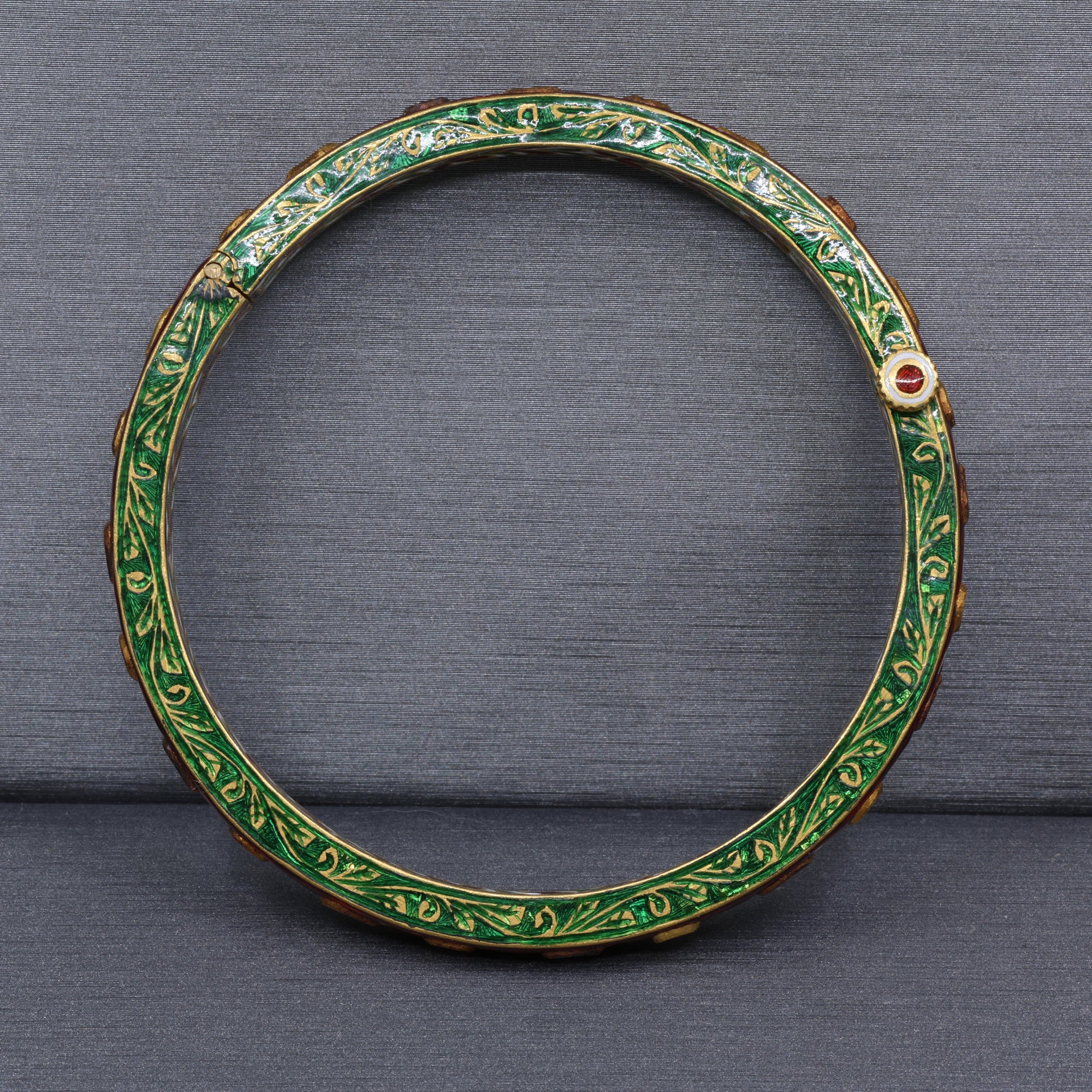 Indian Mughal Style Hinged Bangle with Red & Green Enamel and Polki Diamonds