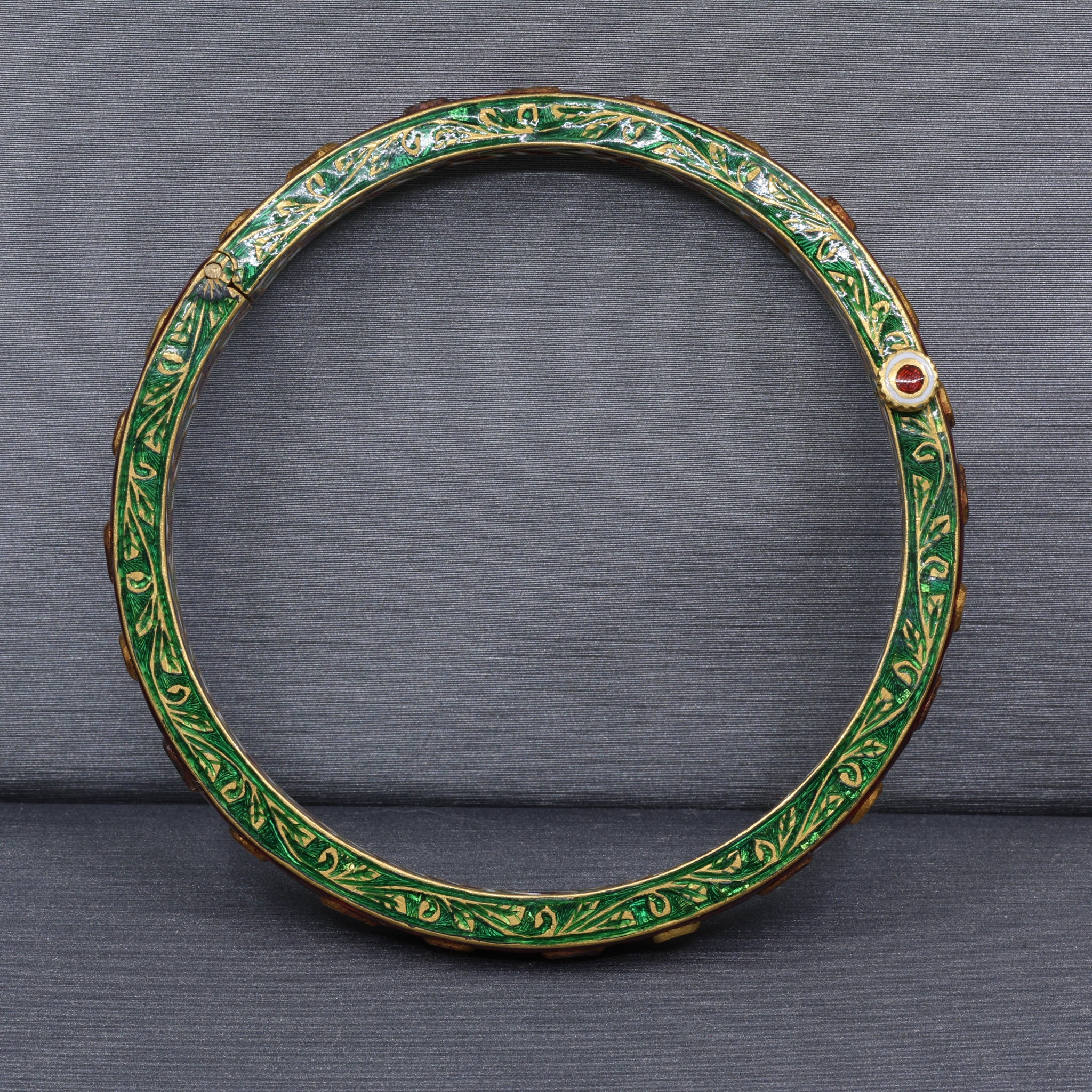 Indian Mughal Style Hinged Bangle with Red & Green Enamel and Polki Diamonds