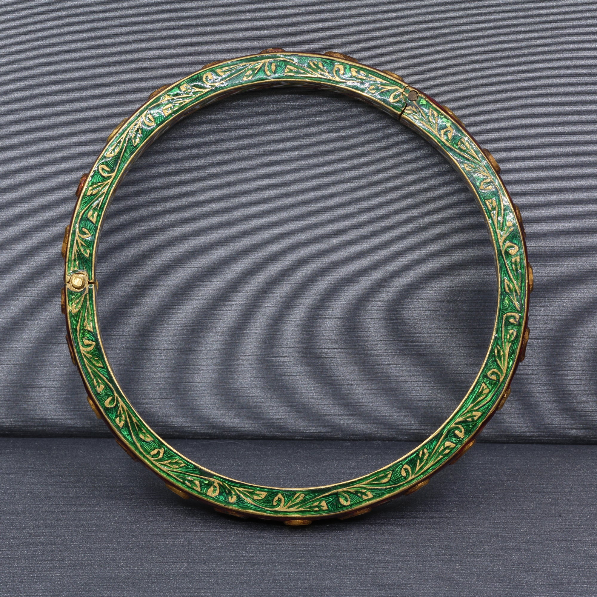 Indian Mughal Style Hinged Bangle with Red & Green Enamel and Polki Diamonds