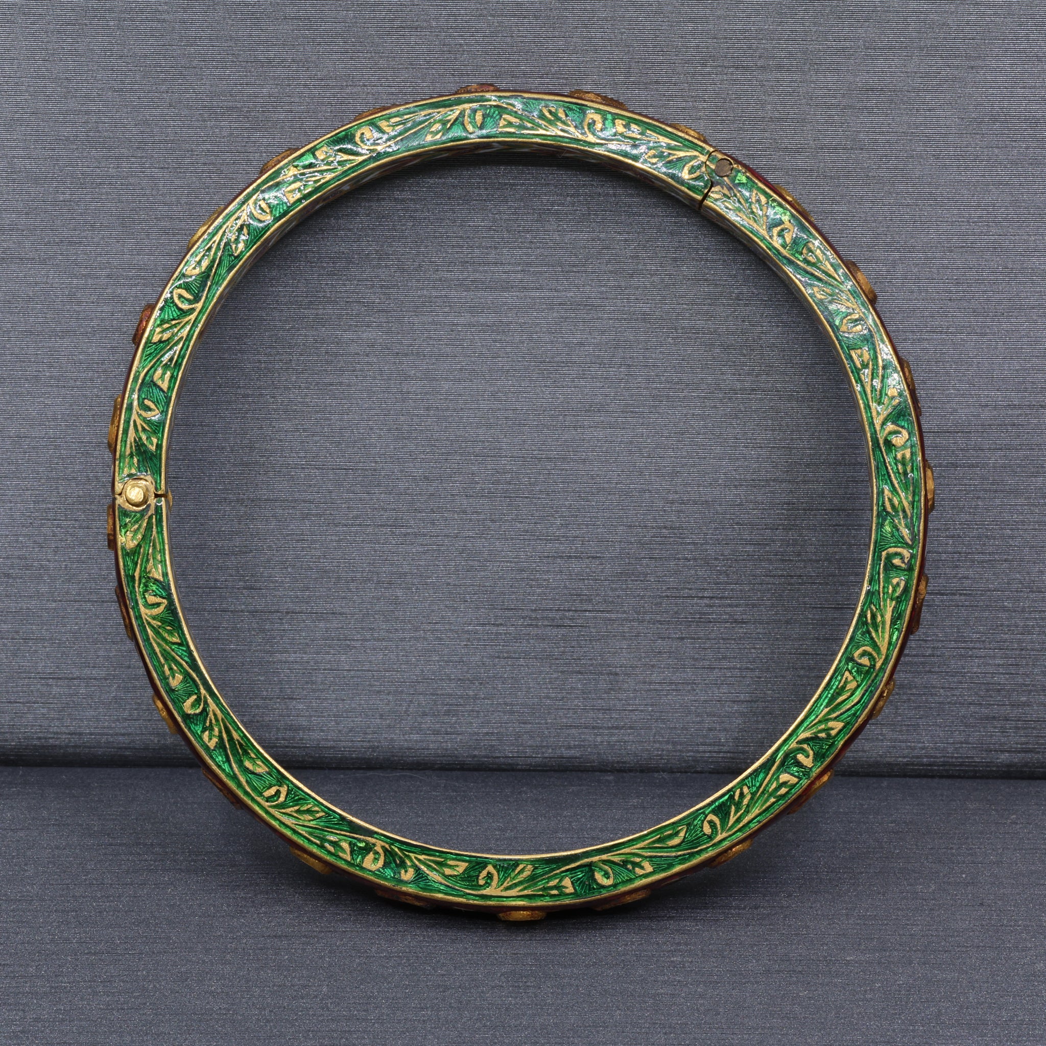 Indian Mughal Style Hinged Bangle with Red & Green Enamel and Polki Diamonds