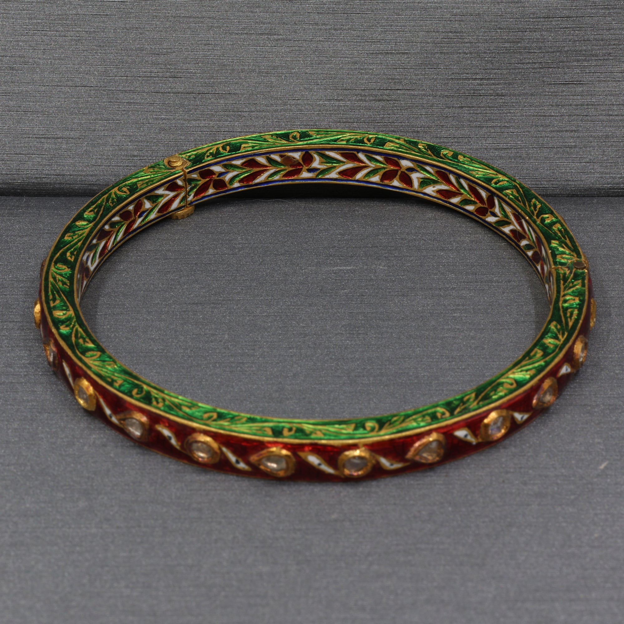 Indian Mughal Style Hinged Bangle with Red & Green Enamel and Polki Diamonds