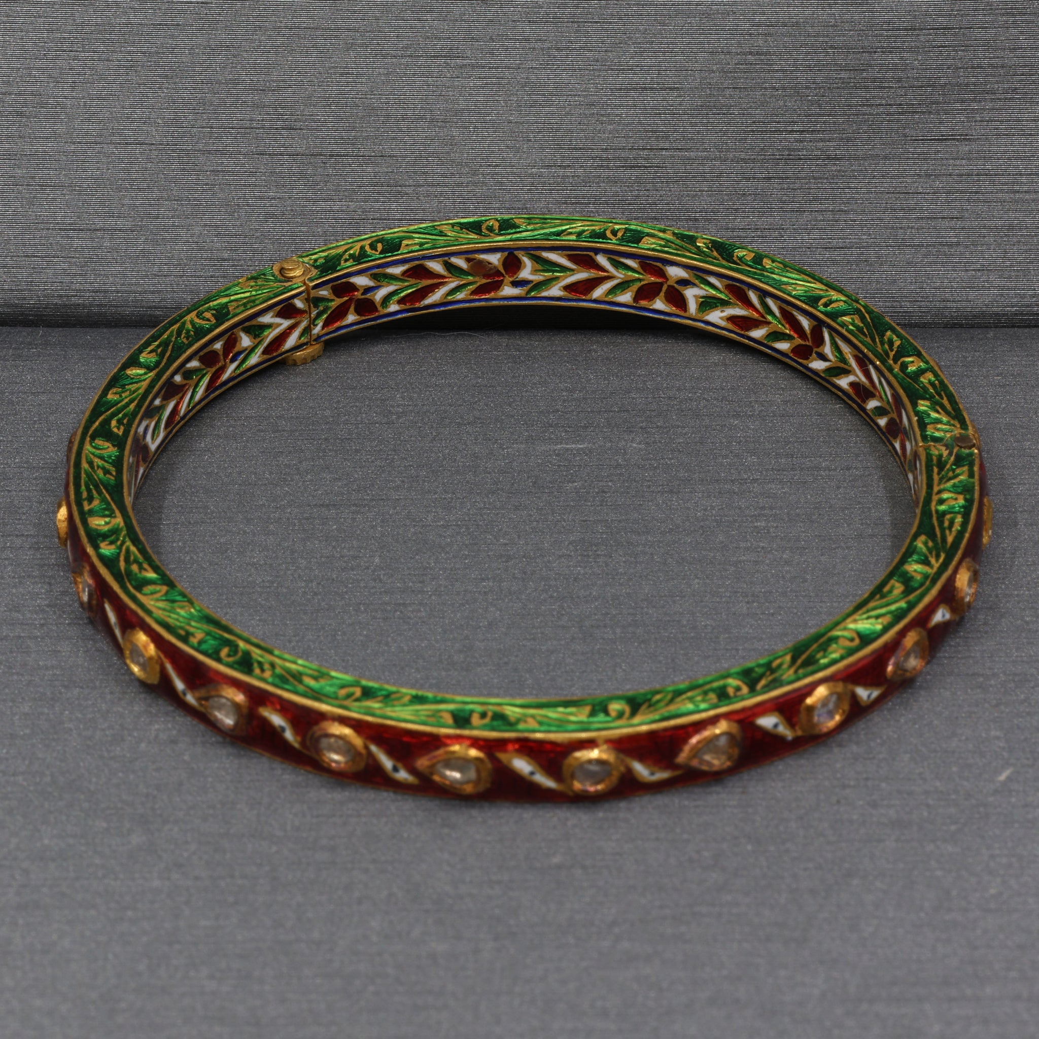 Indian Mughal Style Hinged Bangle with Red & Green Enamel and Polki Diamonds