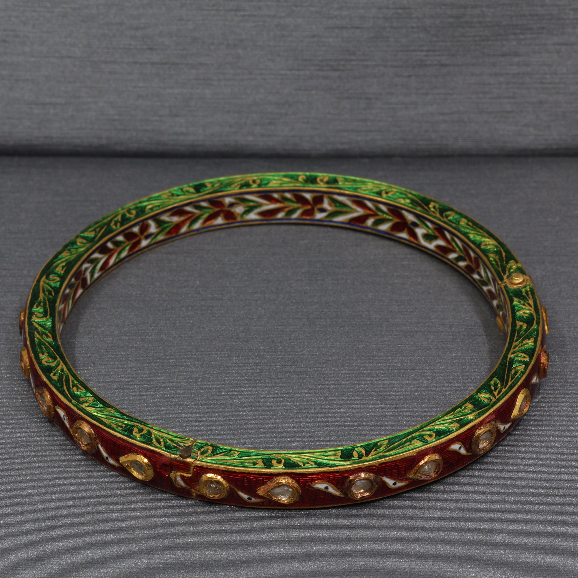 Indian Mughal Style Hinged Bangle with Red & Green Enamel and Polki Diamonds