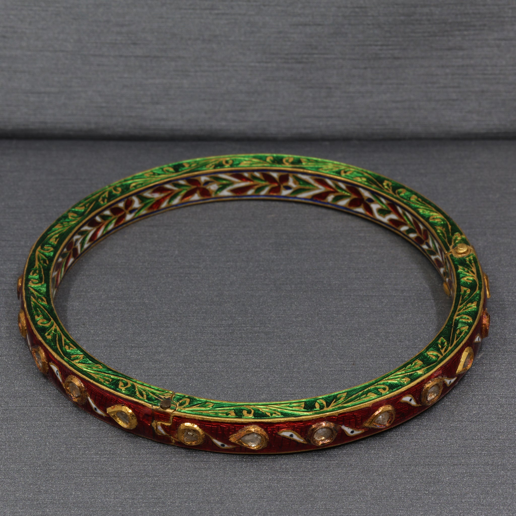 Indian Mughal Style Hinged Bangle with Red & Green Enamel and Polki Diamonds