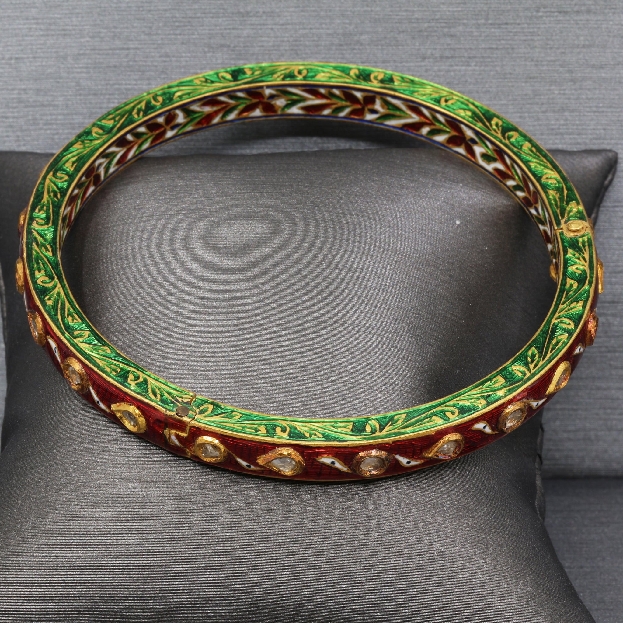 Indian Mughal Style Hinged Bangle with Red & Green Enamel and Polki Diamonds