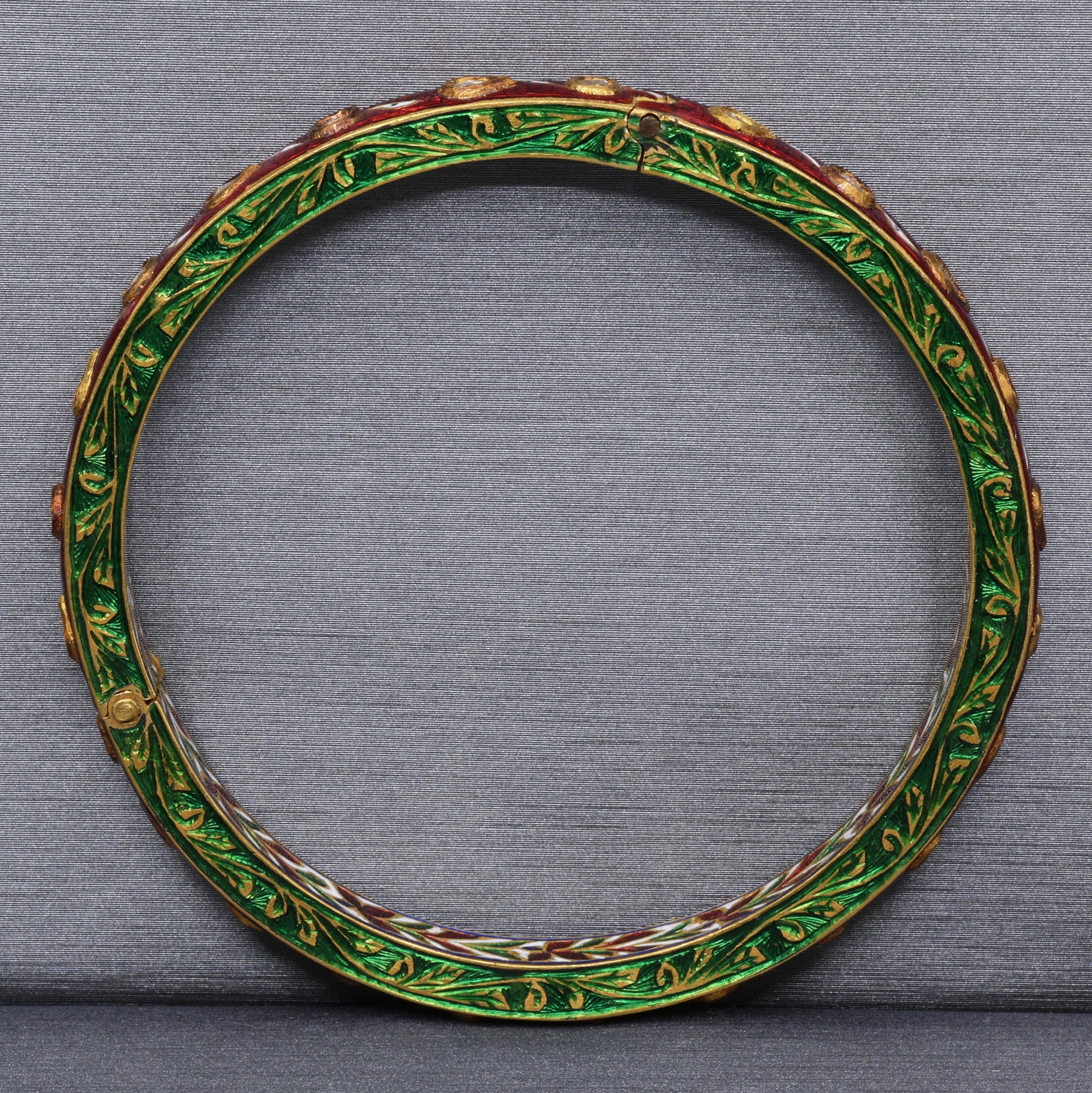 Indian Mughal Style Hinged Bangle with Red & Green Enamel and Polki Diamonds