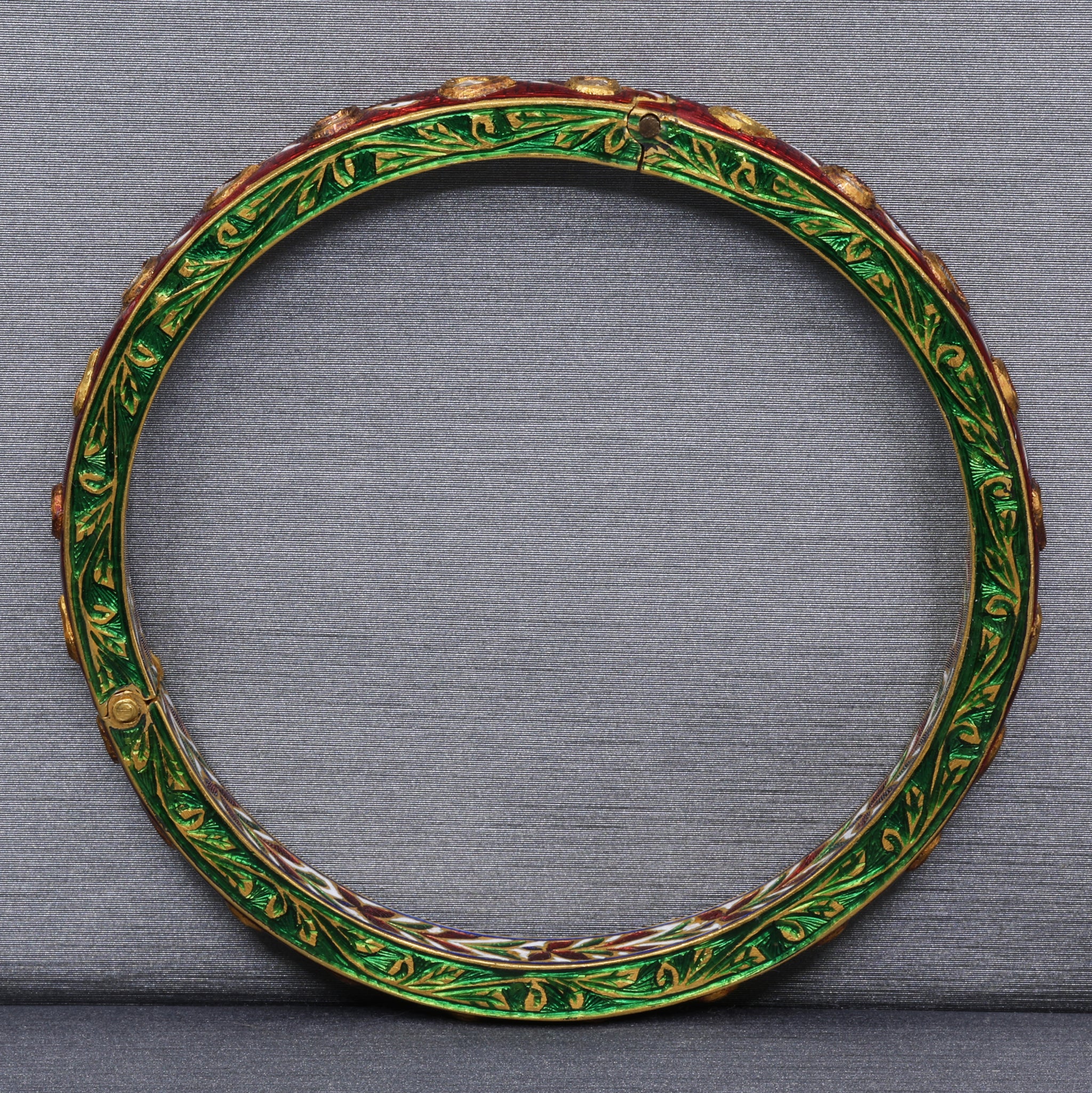 Indian Mughal Style Hinged Bangle with Red & Green Enamel and Polki Diamonds