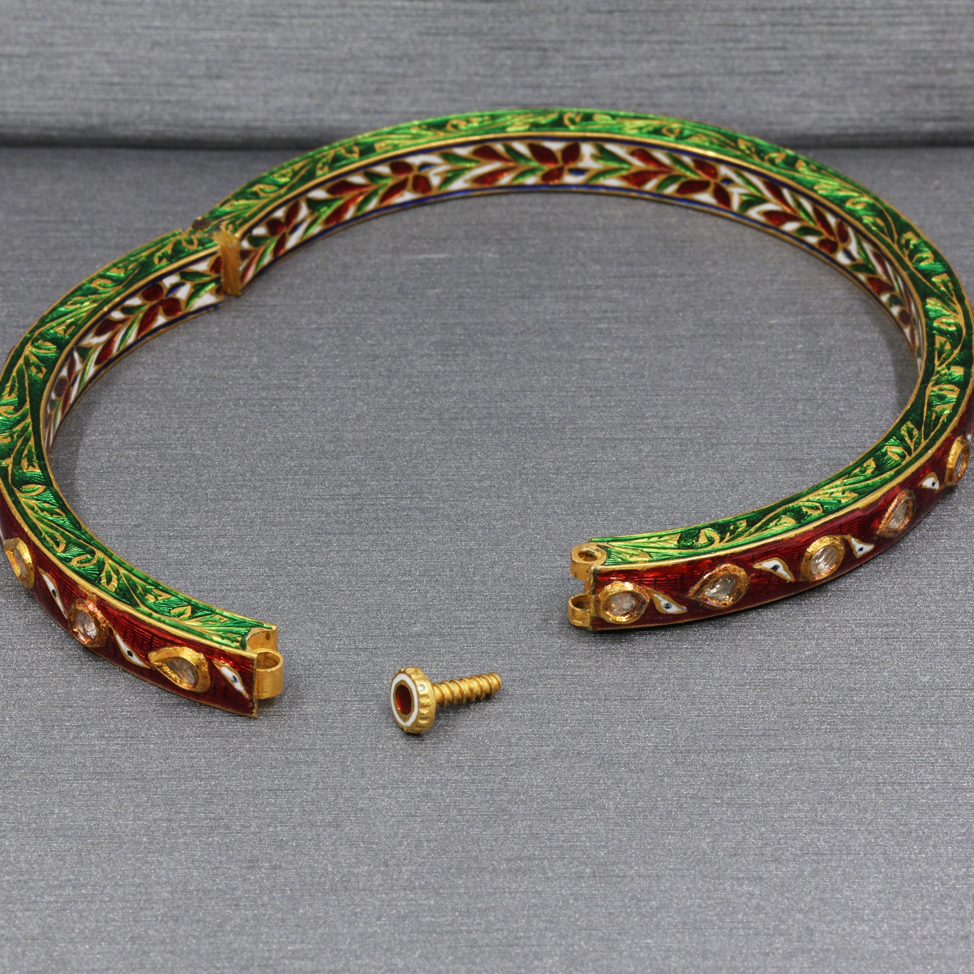 Indian Mughal Style Hinged Bangle with Red & Green Enamel and Polki Diamonds