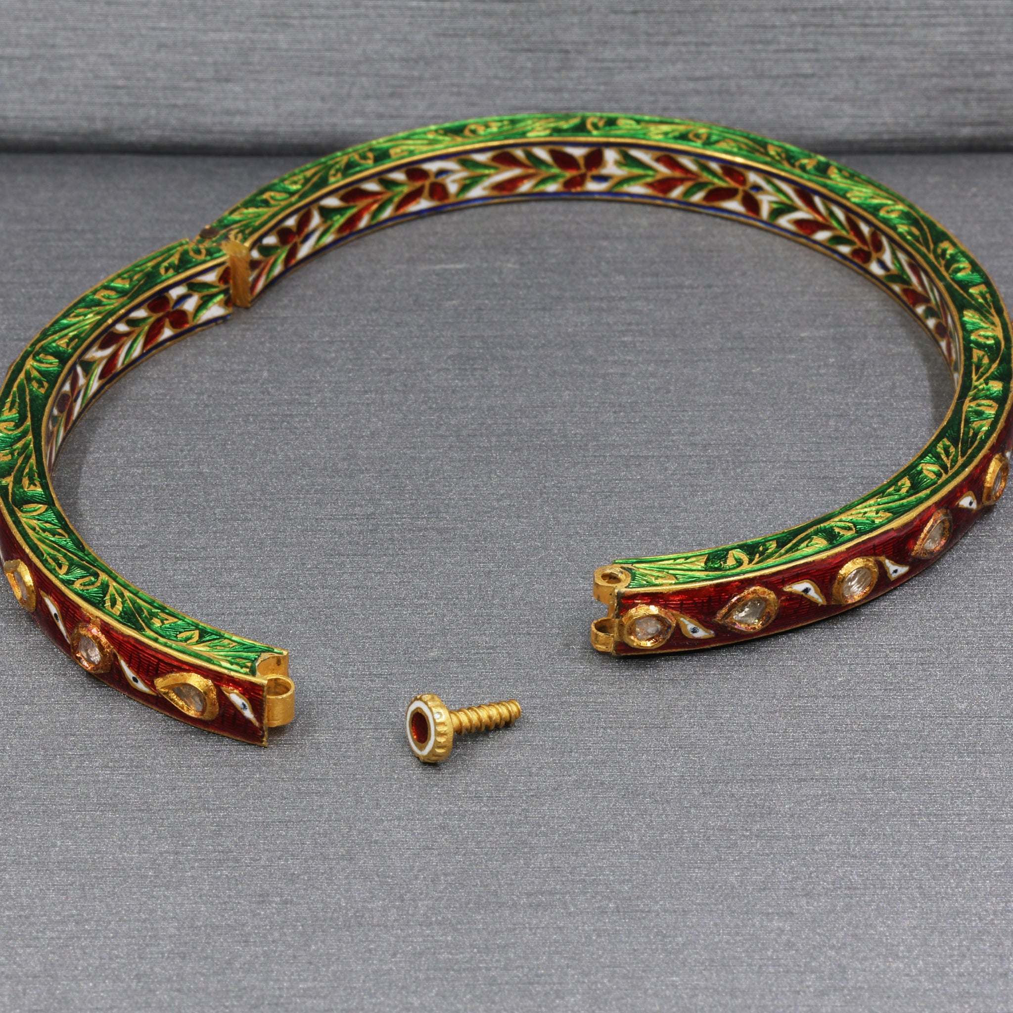 Indian Mughal Style Hinged Bangle with Red & Green Enamel and Polki Diamonds
