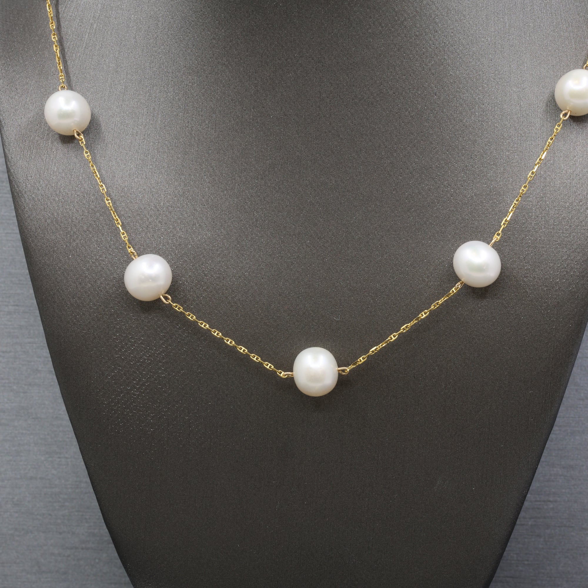 Vintage Pearl Station Tin Cup Necklace in 18k Yellow Gold