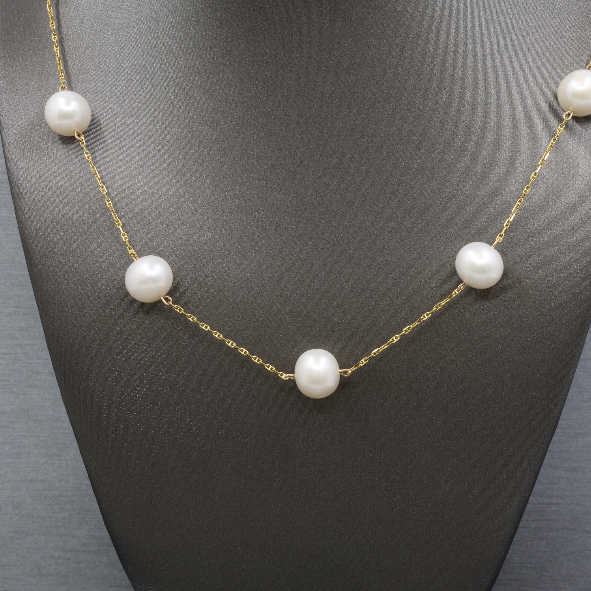Vintage Pearl Station Tin Cup Necklace in 18k Yellow Gold