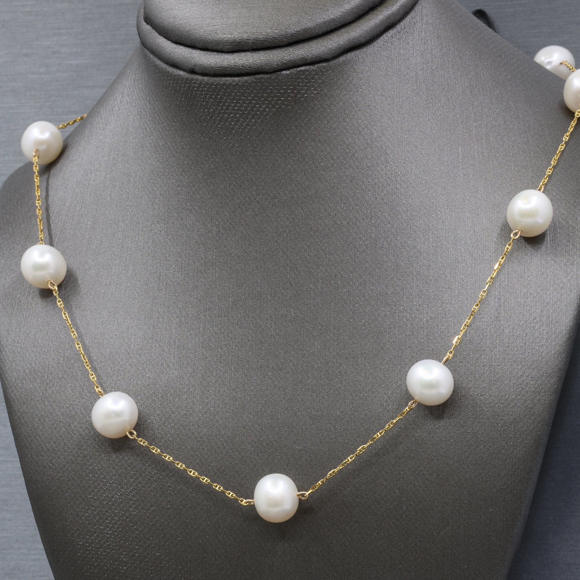 Vintage Pearl Station Tin Cup Necklace in 18k Yellow Gold