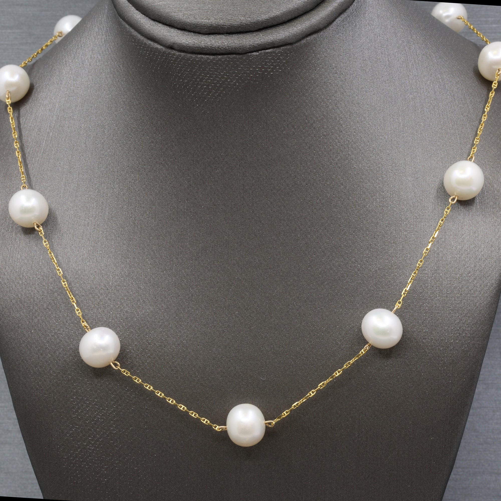 Vintage Pearl Station Tin Cup Necklace in 18k Yellow Gold