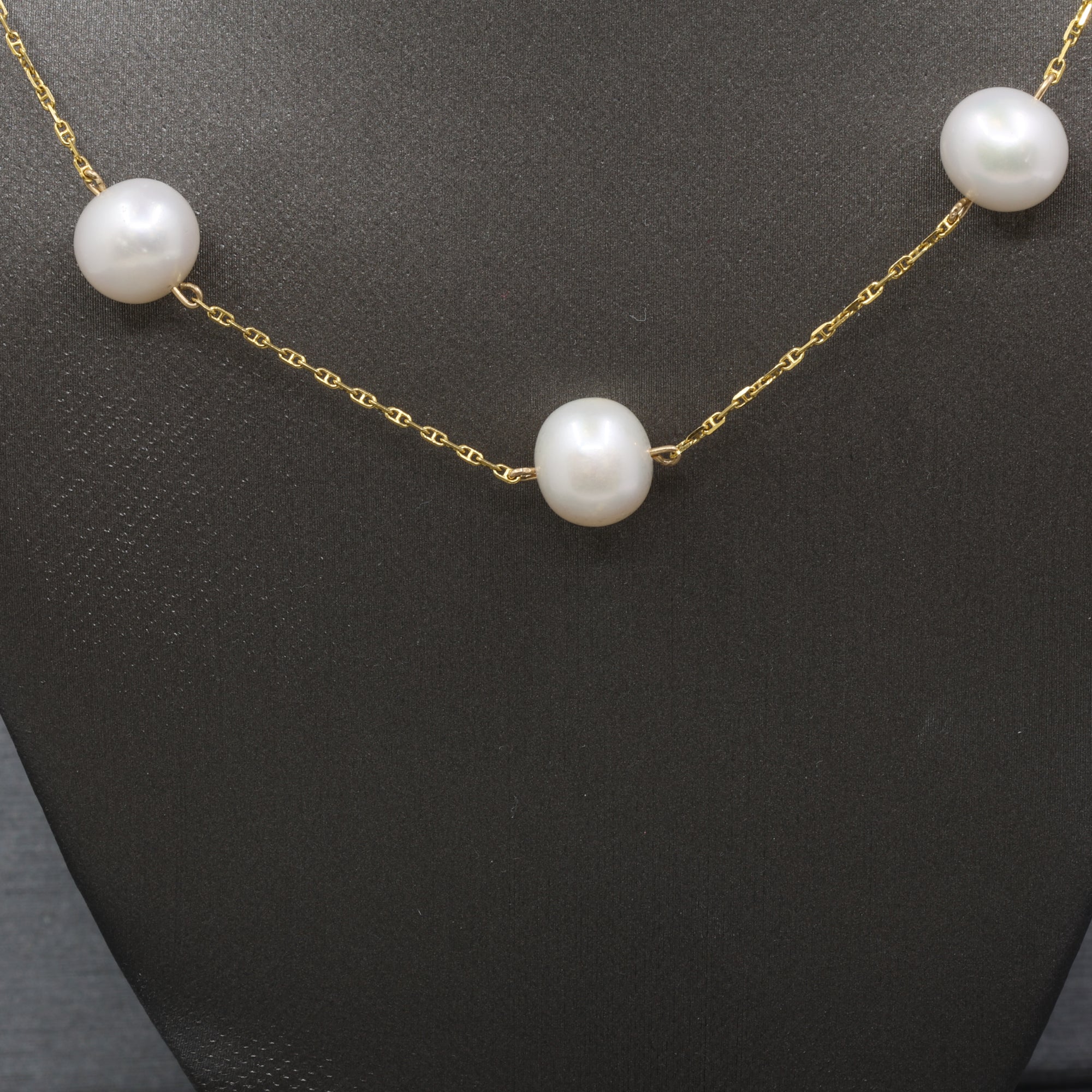 Vintage Pearl Station Tin Cup Necklace in 18k Yellow Gold
