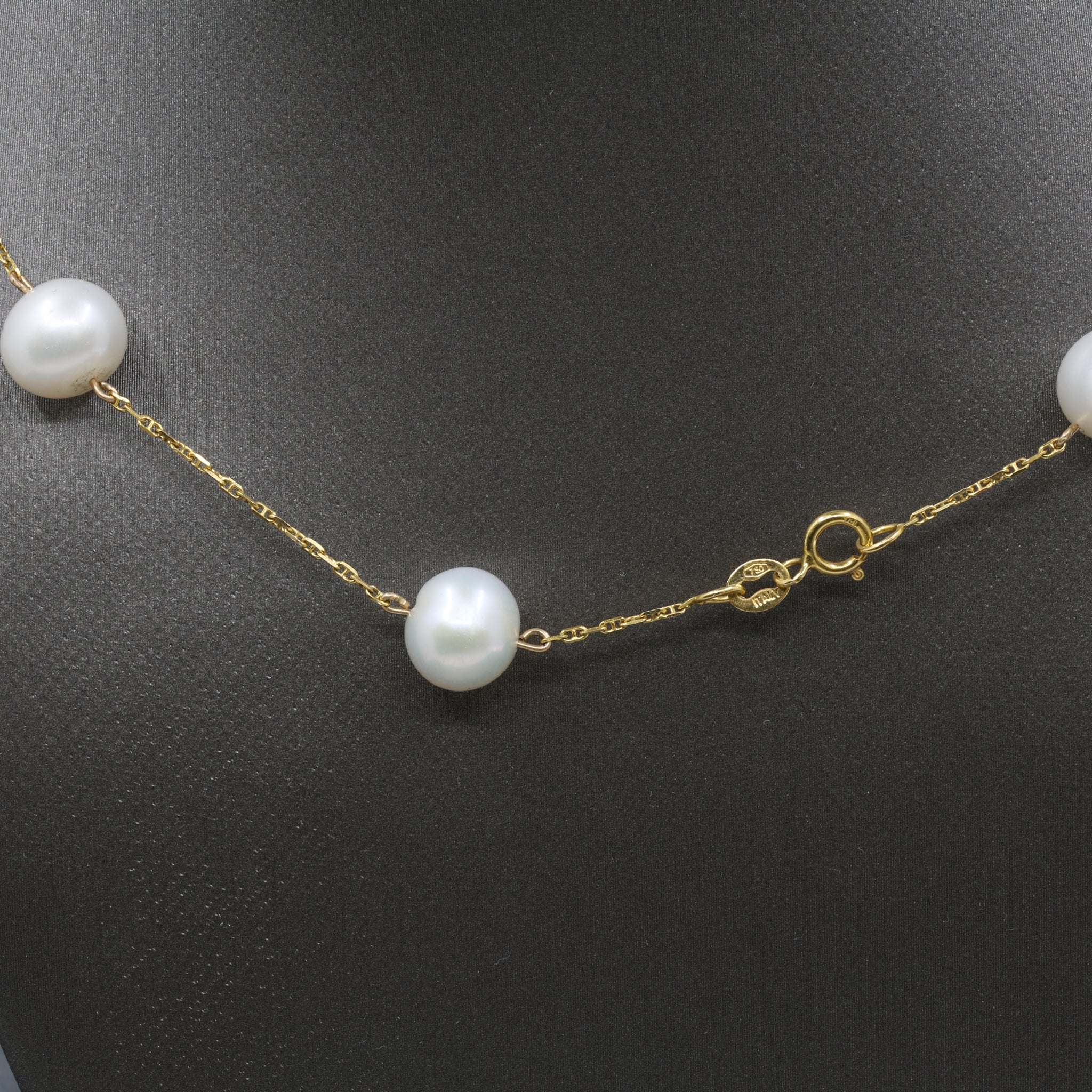 Vintage Pearl Station Tin Cup Necklace in 18k Yellow Gold