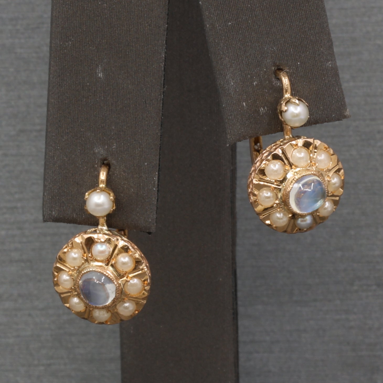 Antique Victorian Moonstone and Pearl Drop Earrings in 14k Rosy Gold