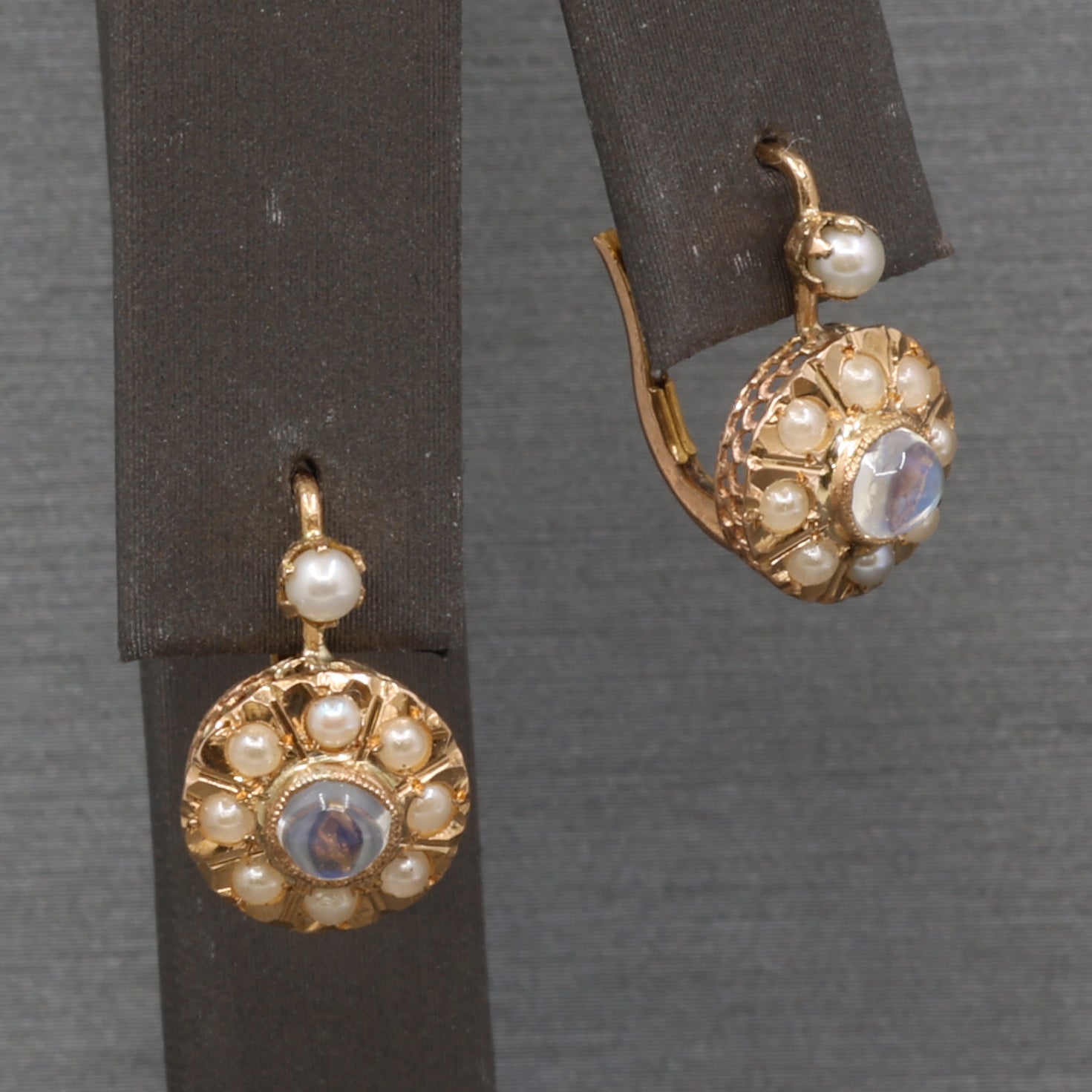Antique Victorian Moonstone and Pearl Drop Earrings in 14k Rosy Gold