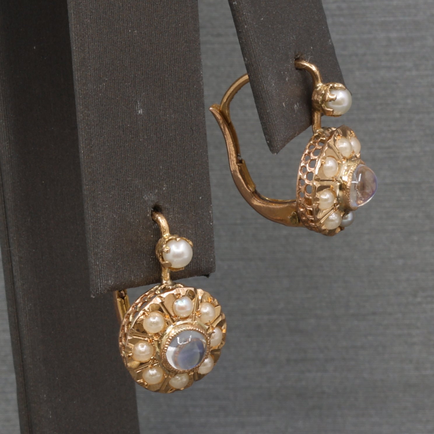 Antique Victorian Moonstone and Pearl Drop Earrings in 14k Rosy Gold