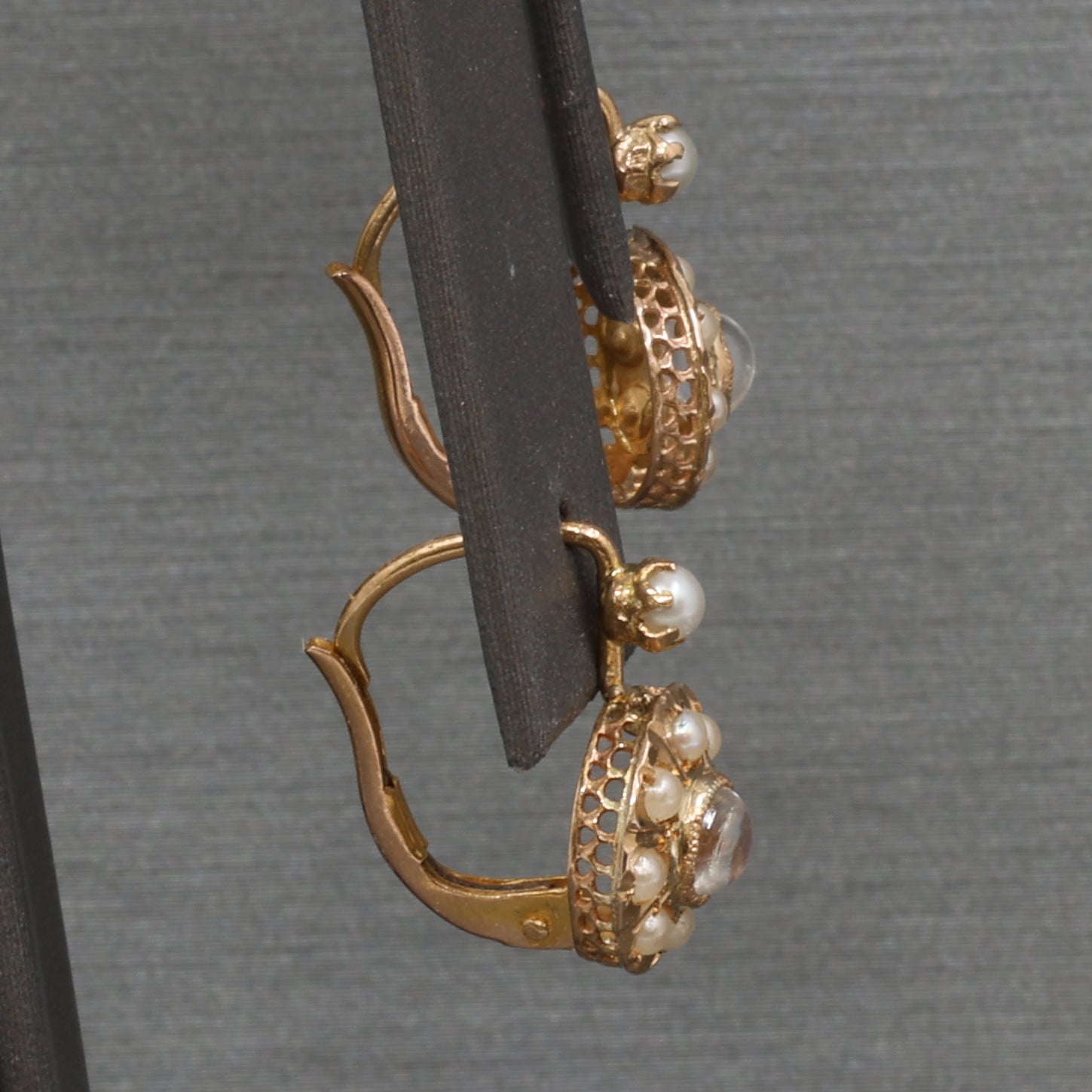 Antique Victorian Moonstone and Pearl Drop Earrings in 14k Rosy Gold