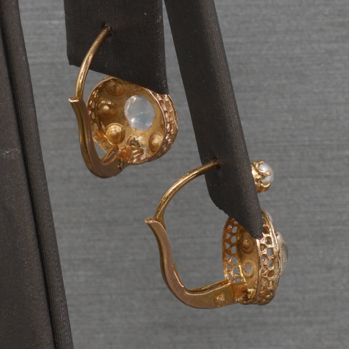 Antique Victorian Moonstone and Pearl Drop Earrings in 14k Rosy Gold