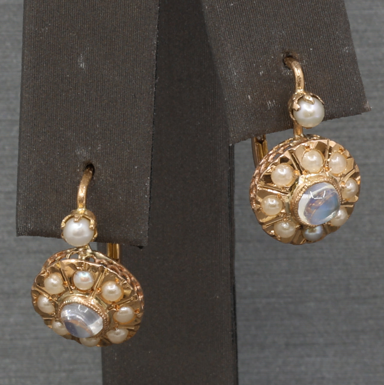 Antique Victorian Moonstone and Pearl Drop Earrings in 14k Rosy Gold