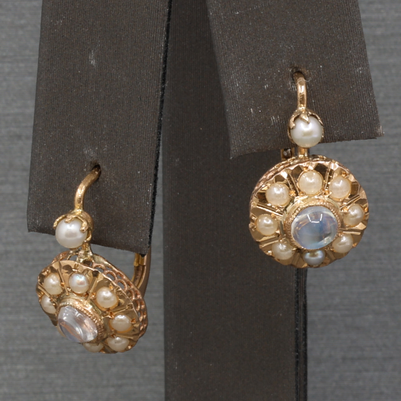 Antique Victorian Moonstone and Pearl Drop Earrings in 14k Rosy Gold