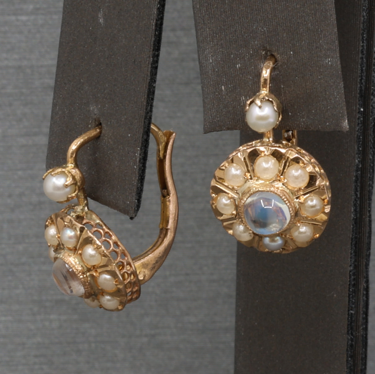 Antique Victorian Moonstone and Pearl Drop Earrings in 14k Rosy Gold