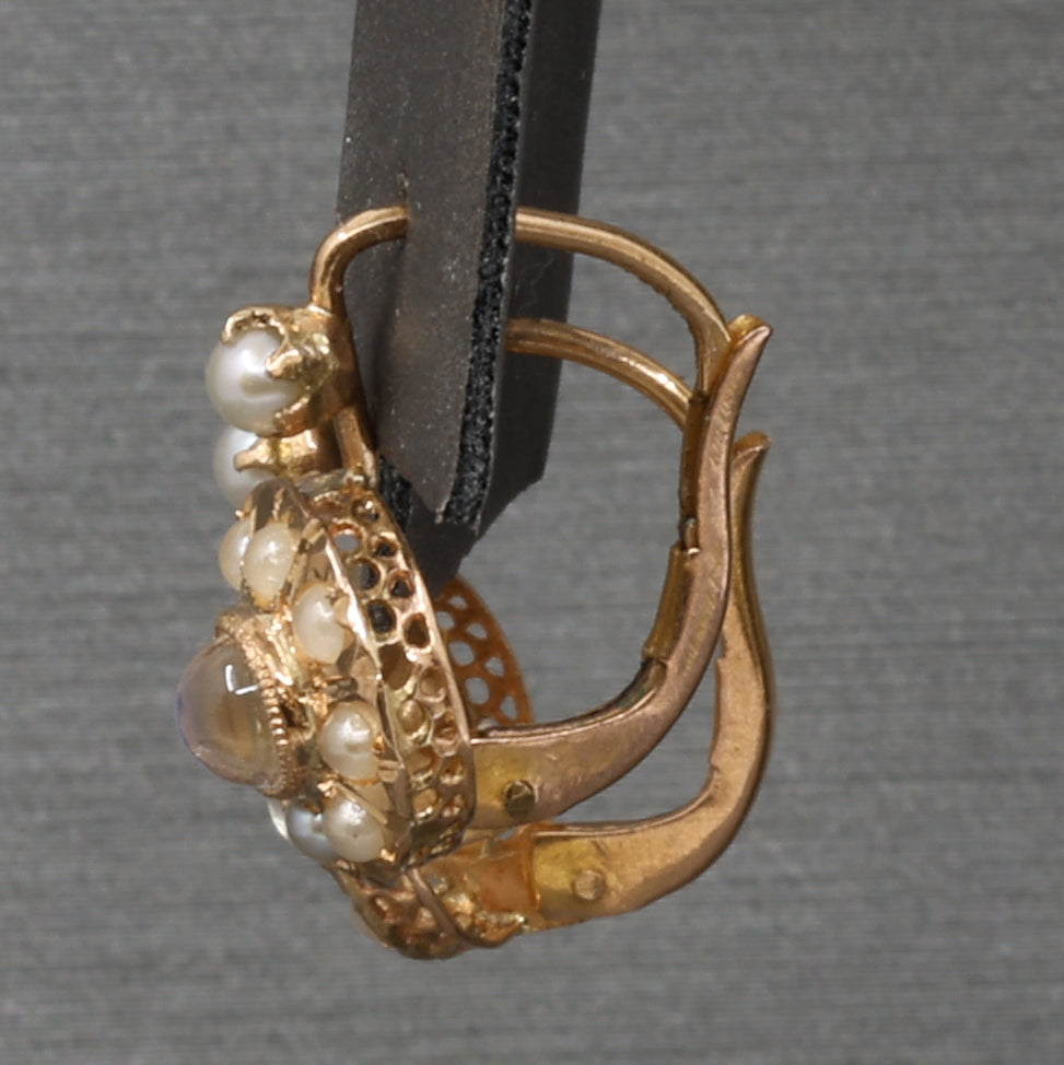 Antique Victorian Moonstone and Pearl Drop Earrings in 14k Rosy Gold