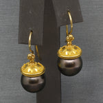 Sleek Black Tahitian Pearl Dangle Earrings in 18k Yellow Gold