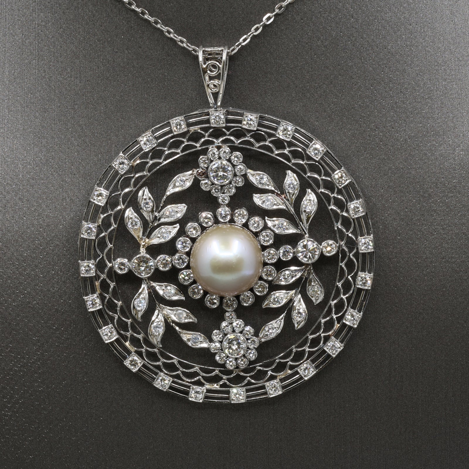 Late Art Deco Pearl and Diamond Medallion Pendant in Platinum